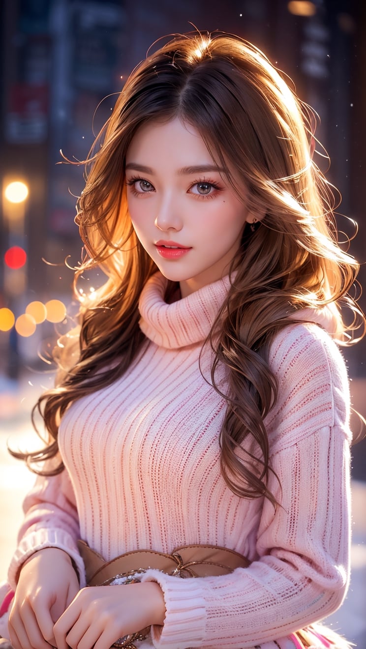 (RAW Photo, Best Quality), (Real, Photo Real: 1.3), winter night , snow falling, Best Quality, Masterpiece, Beauty and Aesthetics, 16K, (HDR: 1.4), High Contrast, (Vivid Colors: 1.4), (Soft color, dark colors, soothing tones: 0), cinematic lighting, ambient lighting, side lighting, fine details and textures, cinematic shooting, warm tones, (bright and intense: 1.2), wide angle lens, xm887, surreal illustration, siye Natural proportions, full long side view, very long blond curly hair, purple bracelet, long pink and white sweater with ruffles, long sweater, furry jacket with long scarf, jeans, smile and happy, playing Gibson bass guitar, beautiful Dutch girl , honey-colored eyes, seductive gaze, beautiful and charming eyes, simple gradient, skin texture details, juicy lips, long eyelashes, girlish figure, thin waist, a beautiful 18-year-old girl walks On the winter street, snow, night view, west, light bokeh as background