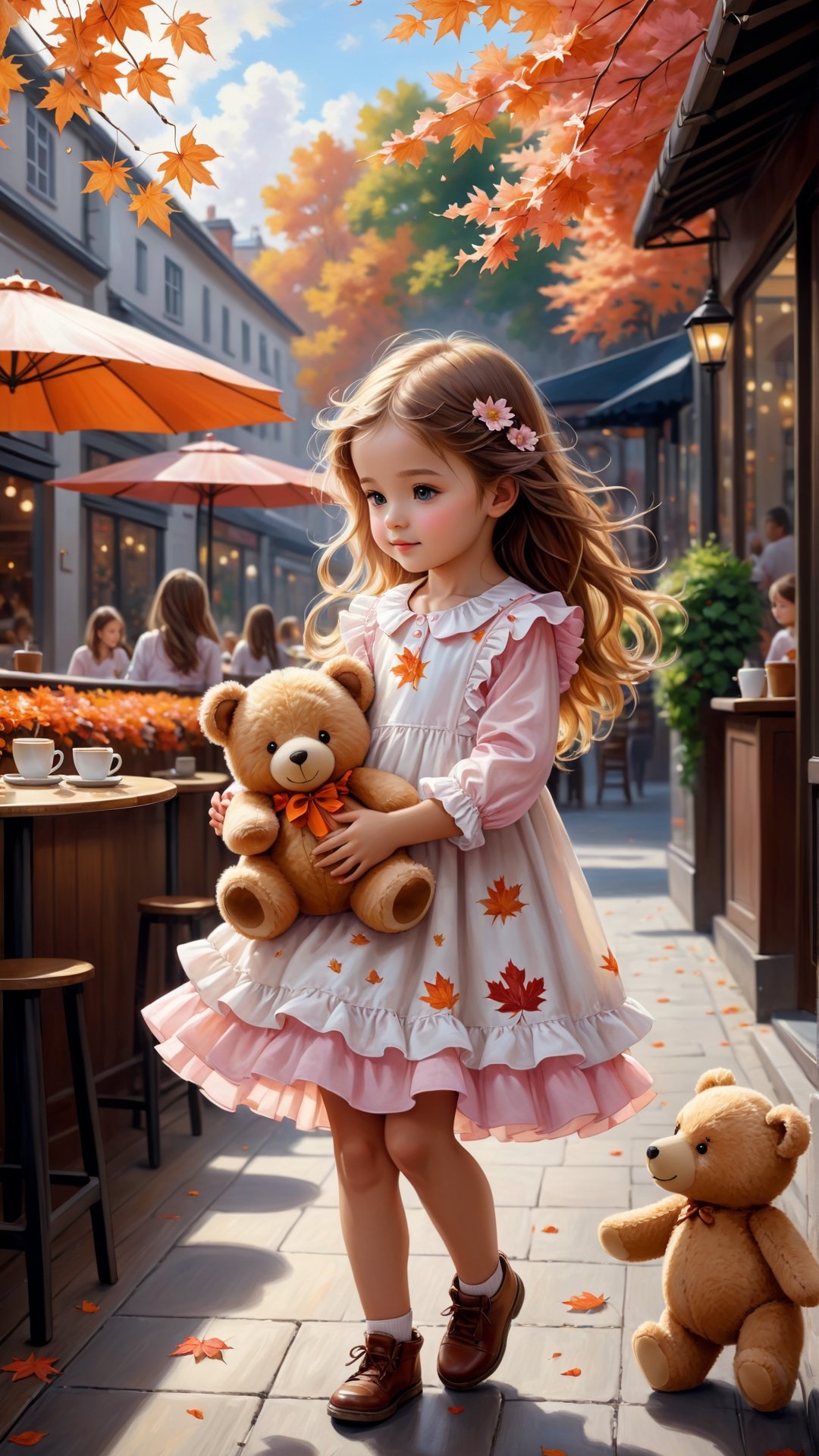 ((masterpiece), (best quality), (highly detailed)), Side view shot, Autumn style, flowers blooming, maple leaves falling, pink flower petals falling too, full body, A cute little girl with long hair wearing orange and white colour Ruffles shirt in the out door café holding a teddy bear in arms is the subject of this beautiful painting. The artist has created a realistic and detailed portrayal of a cute girl, showcasing their expertise in 4K digital art. The painting captures the essence of the little girl's features, bringing them to life with stunning realism. The use of oil adds to the beauty and richness of the portrait, making it a magnificent and visually captivating piece. This realistic and detailed oil painting is truly a work of art. flowers blooming and lighting bokeh as background