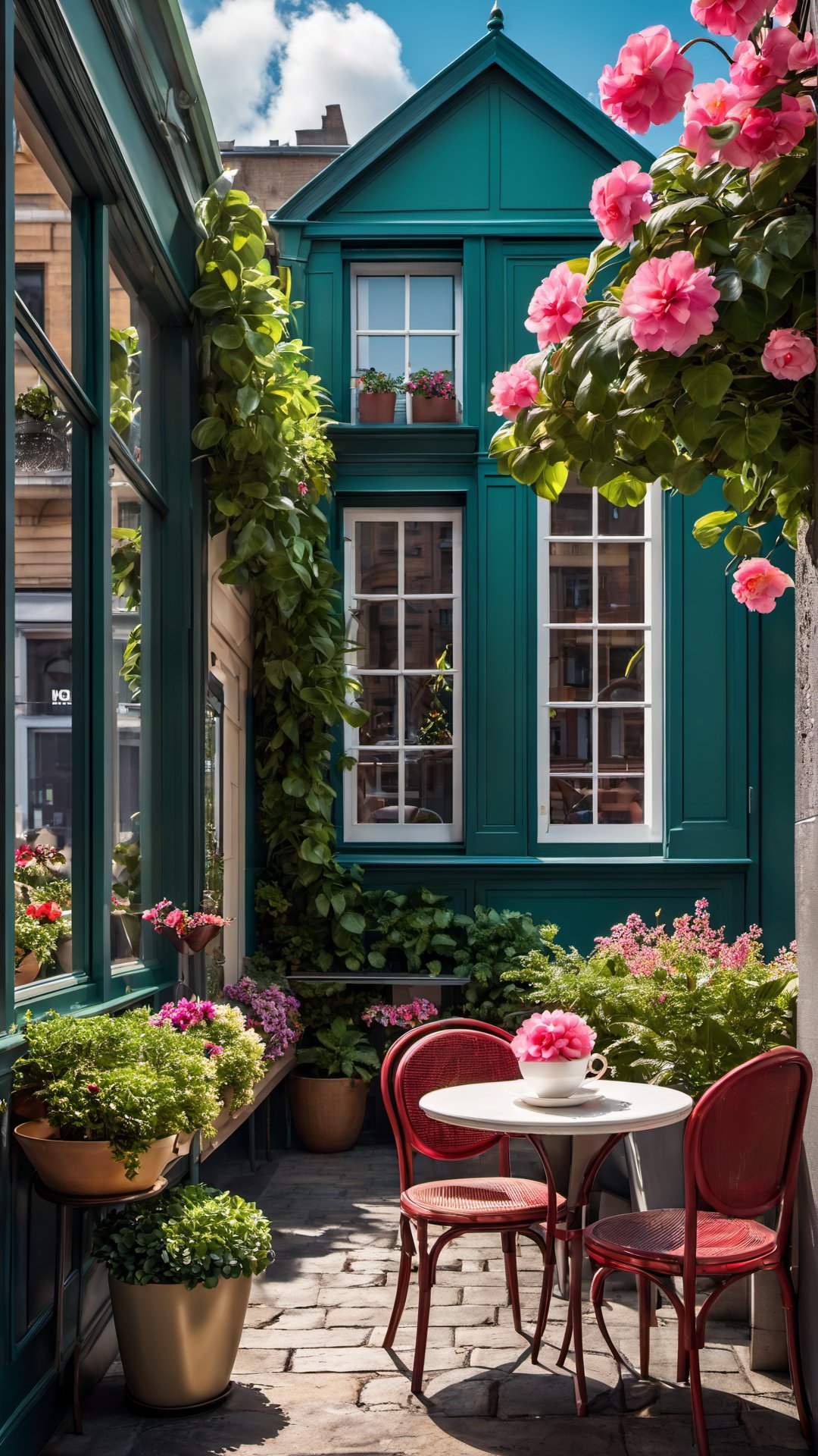 flower, outdoors, day, indoors, tree, cup, no humans, window, chair, table, plant, scenery, teacup, potted plant, cafe