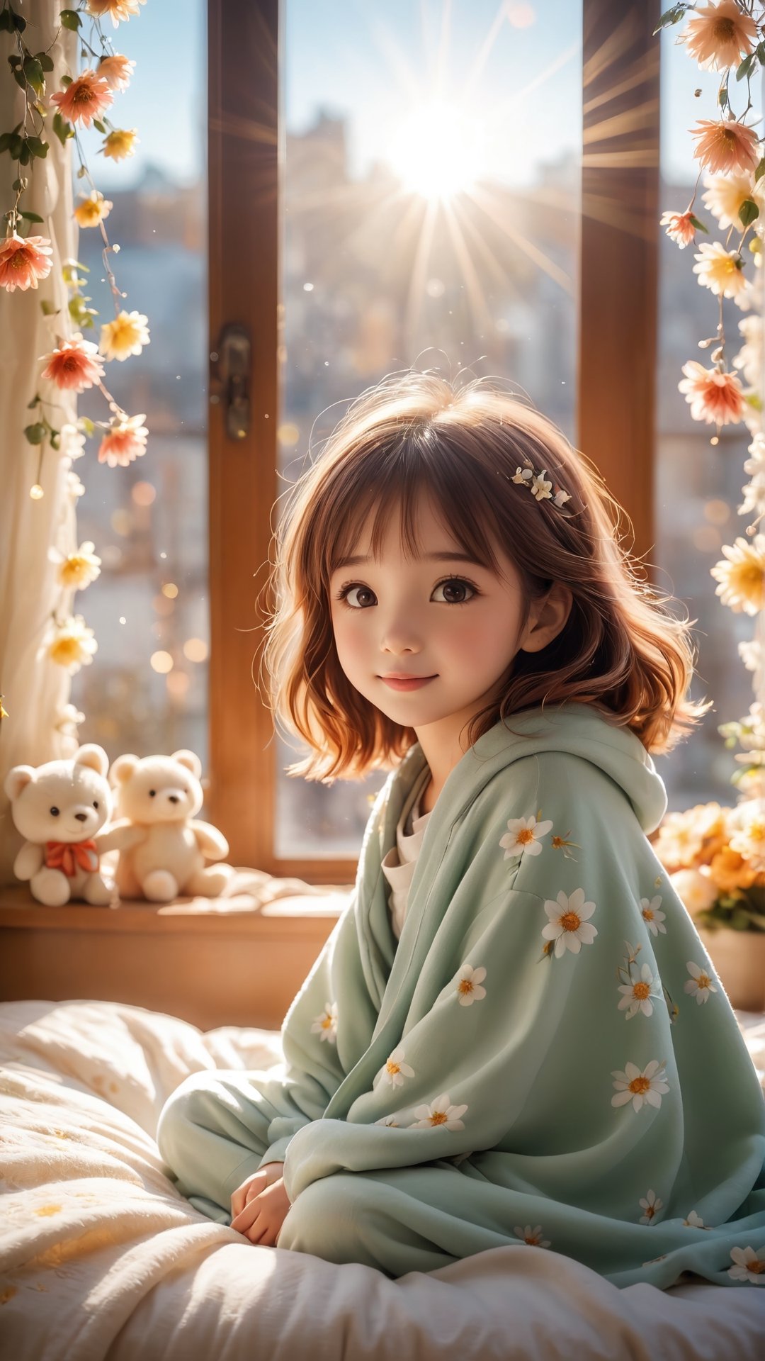 Flowers blooming, Autumn morning style, ((full body)), cute little girl wake up in the beautiful morning comfortably on a bed, covered with a blanket, stuffed animal, string lights on the wall, Sun ray through the window, cozy and comforting atmosphere, morning sunshine, wonder, pixiv, happiness and enjoyment, depth of field, illuminated bokeh background. Flowers bloom bokeh and depth of field background.,cute cartoon ,4nime style,aesthetic portrait