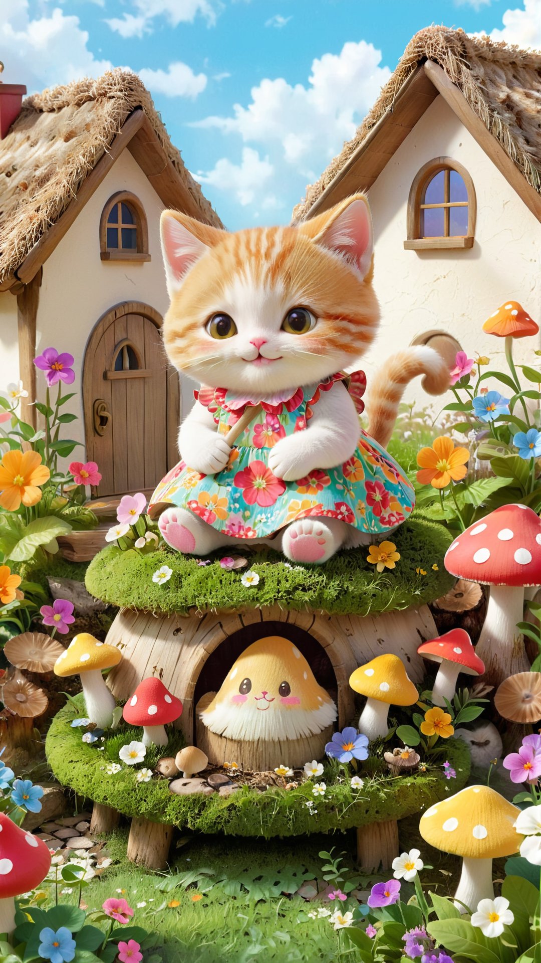 Charming and whimsical rustic centerpiece illustration of an adorable little kitten sitting in a vibrant mushroom garden.  The little cat has a sweet smile and wears an exquisite floral dress.  Surrounding the kitten is a row of colorful mushrooms, some of which have cute faces.  The background depicts a quaint cottage with a thatched roof and blooming flowers, creating a peaceful, idyllic country atmosphere.