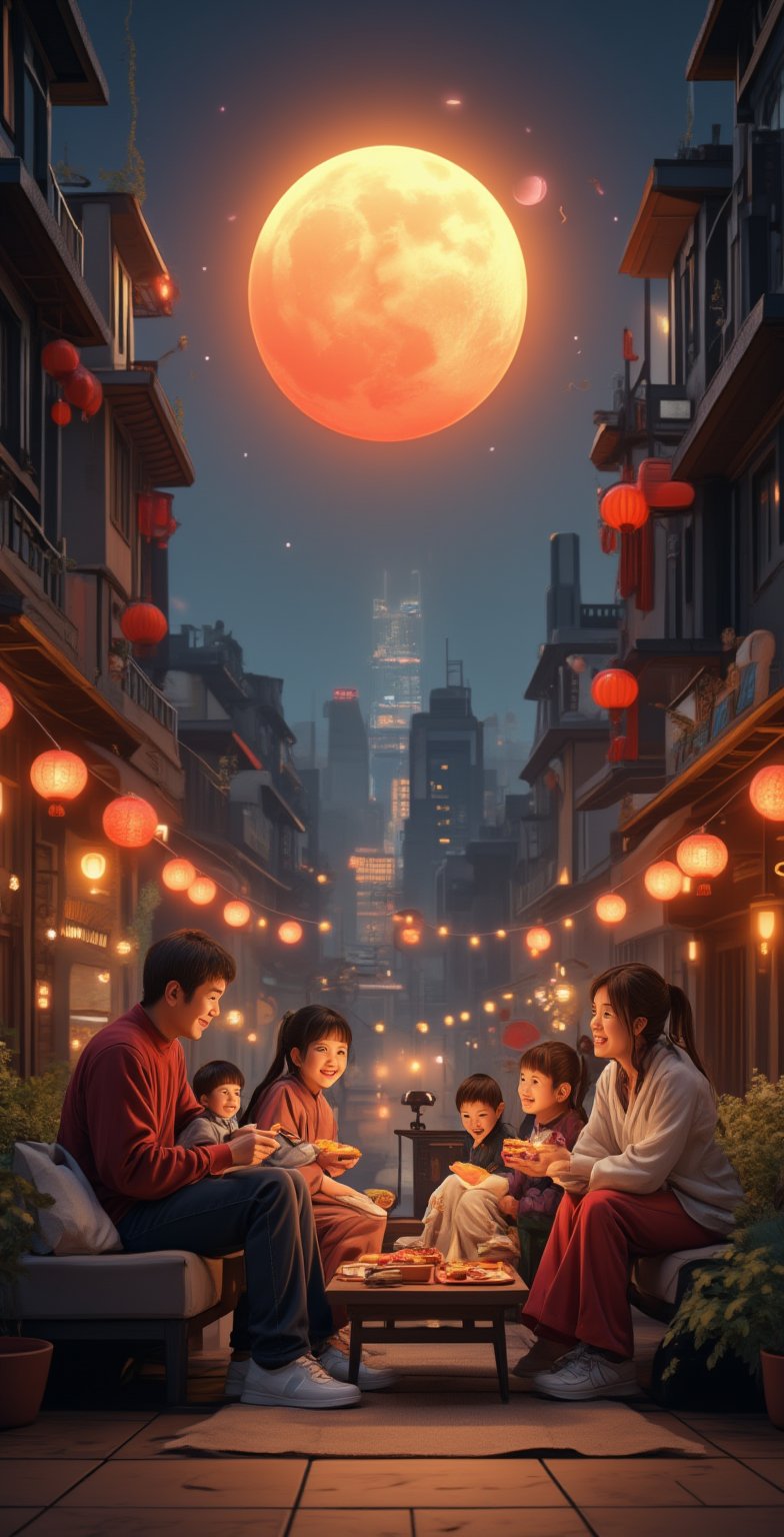 A minimalist-style small courtyard. In the summer night view, a family sits warmly on a modern minimalist sofa eating mooncakes. The background is modern high-rise buildings and bustling city streets. On one side is a large modern minimalist house. The background is a sky that gradually changes from red to gold, with a huge golden full moon hanging high in the sky. There is a plate of fruit and a box of mooncakes on the table. Dad holds up his phone to take pictures, and Mom, son, and daughter smile at him. They have various expressions on their faces, such as happiness and joy. 