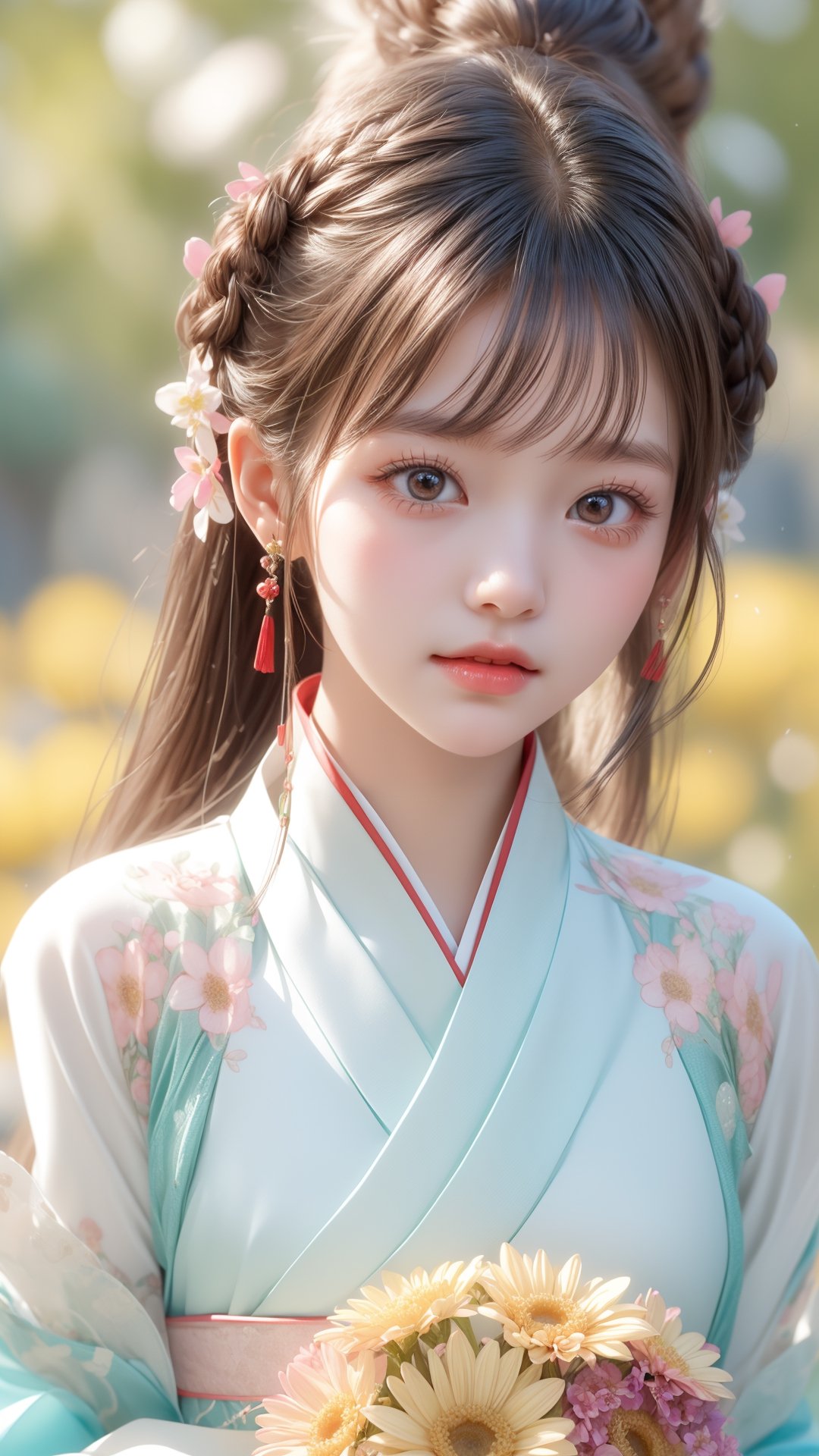 The flowers are blooming, and a five-year-old girl is wearing a light yellow  Hanfu. She is very cute and has a cute and beautiful round face. Pixar animated movie, flowers bloom bokeh background.