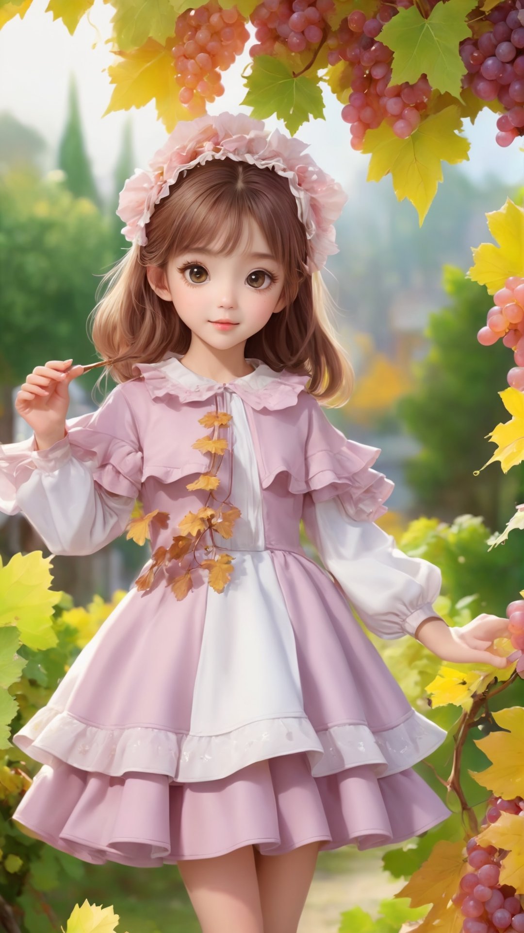Side view, Autumn style, realistic high quality grapes tree, grapes full the branch, maple leaves falling, 1girl, big eyes so charming, happy,  under the tree have a table, and grape and beautiful flowers, maple leaves falling, and a adorable lovely cute big charming eyes girl wearing pink and white Ruffles dress and coat, holding juice 
 near flowers, Turn around and look viewers , pink flowers blooming fantastic amazing and romantic lighting bokeh, yellow flowers blooming realistic and green plants amazing tale and lighting as background, Xxmix_Catecat