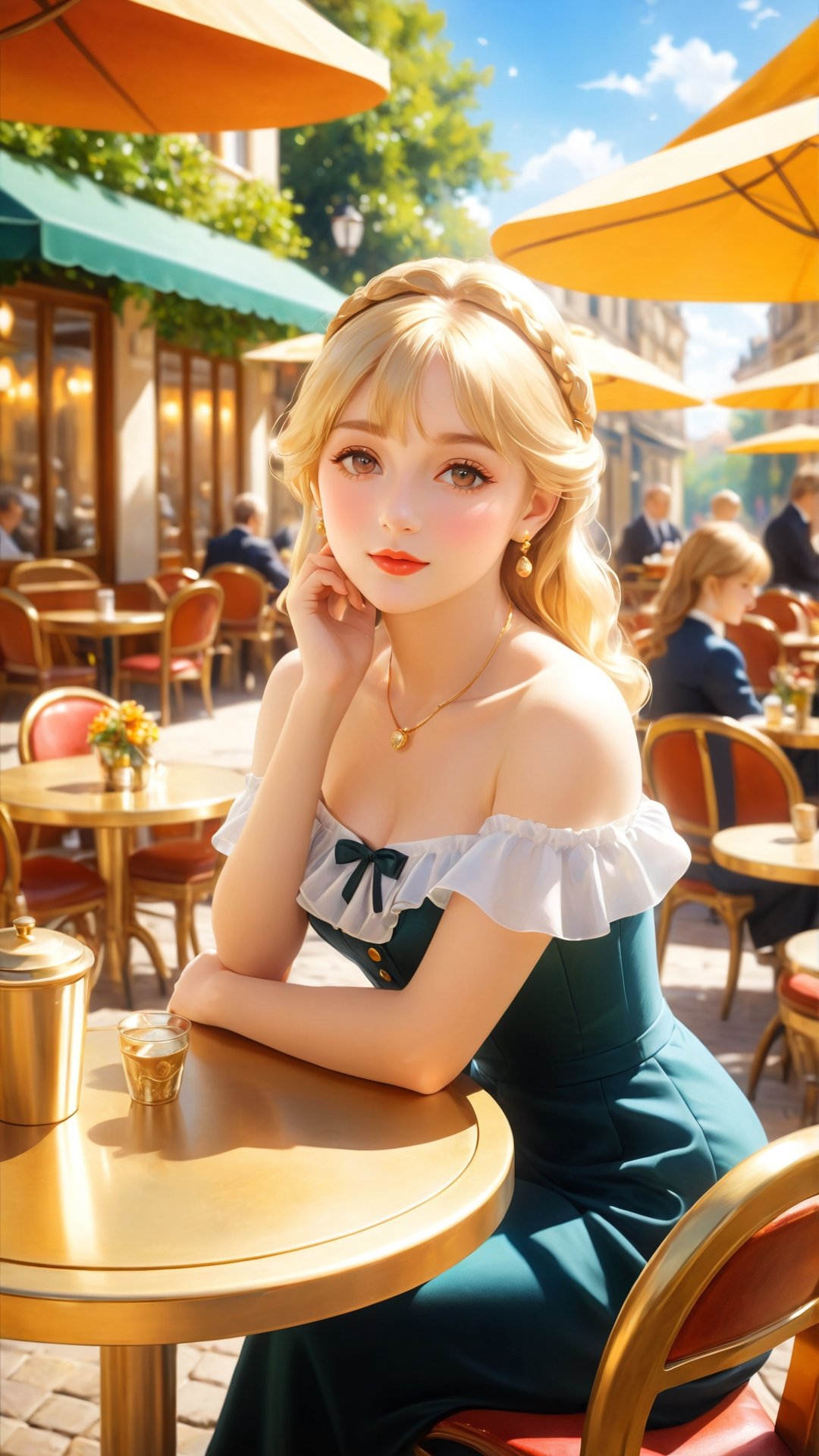 Elegantism, opulent scene, a beautiful girl sitting in a sunny European Cafe with tables outside golden summer light, Pierre Auguste Renoir style, Impressionism, stunning intricate details.t, 8k resolution. (masterpiece, top quality, best quality, official art, beautiful and aesthetic:1.2), (1girl:1.4), upper body, blonde hair, portrait, extreme detailed, super wide angle, high angle, high color contrast, medium shot, depth of field, blurry background, simple background, bokeh,