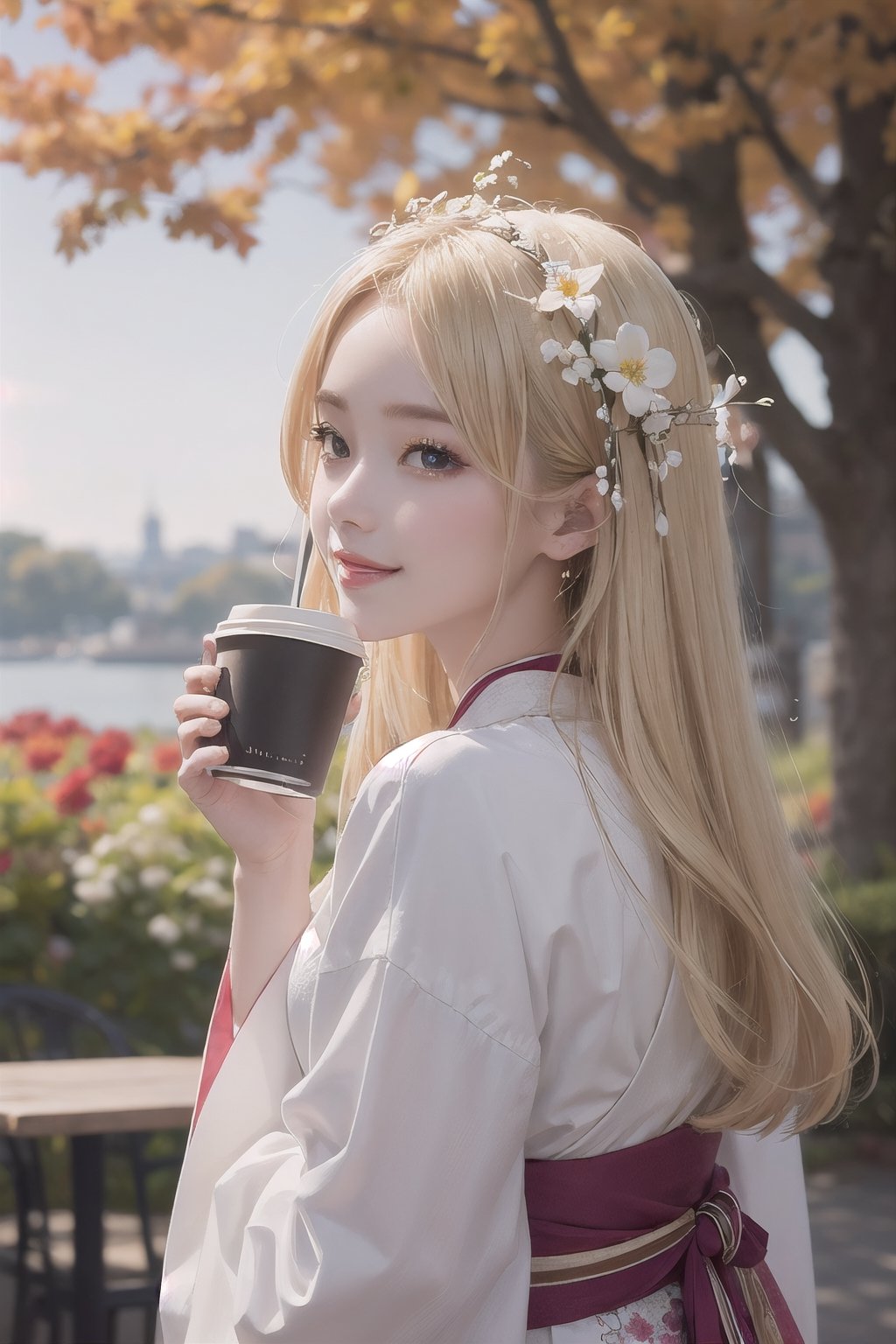 (Masterpiece, Top Quality, Best Quality, Official Art, Autumn,outdoor cafe, Side view, drink coffee, Turn around and look,blonde girl, Beauty and Aesthetics),, Cute, Smile, adorable, Extremely Detailed, Abstract, Fractal Art, Long Hair, Destiny Series, Colorful, Most Detailed, flwoers blooming, soft lingt bokeh background, Jewelry, Hanfu,, landscape, ink, Portrait photograph. flowers blooming bokeh as background