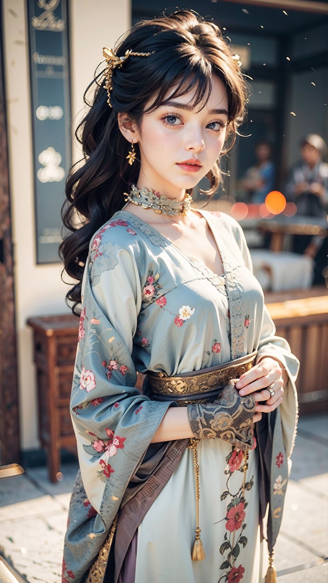 Front view , Autumn style, yellow flowers blooming, depth of field, lighting bokeh as background, pink and white long Boss dress, 1girl, snow-white delicate skin, long light brown curly hair, and a silver hairpin on her head. The eyes are a deep lavender color big and charming, wearing pink and white long Boss dress, and long scaf, Wrap around the neck and cover the chest, full of mysterious stories. With pale pink lips, charming and cute. FilmGirl, xxmix_girl, detailed eyes, perfact eyes, mouth small,  3d style, light bokeh backgroud,3d style,isni,Movie Still,3d,3d render