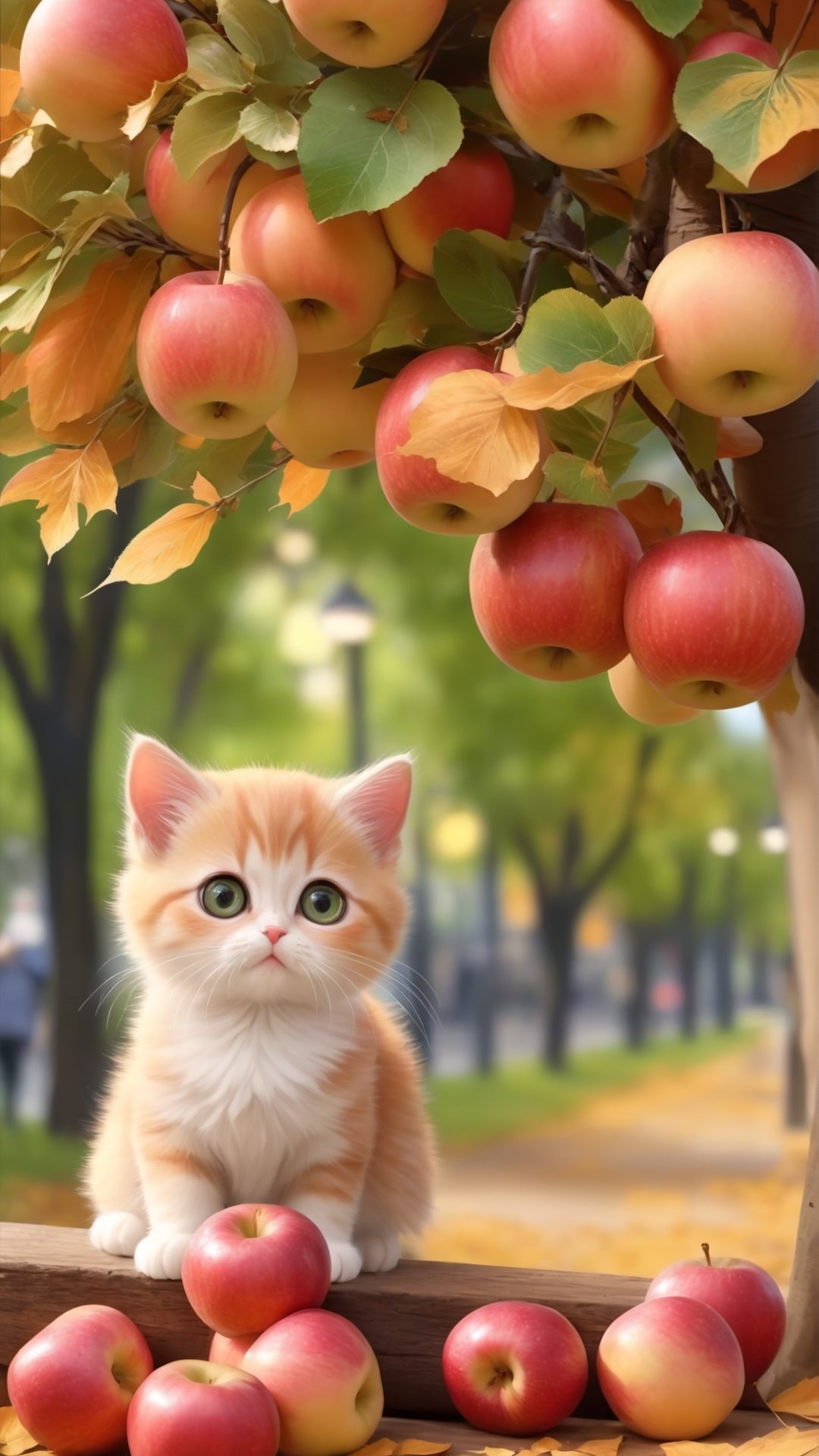  Autumn style, realistic high quality orange tree, apples full the branch, maple leaves falling, Side view shot, Turn around and look ahead, A beautiful big eyes and adorable little girl with two cute little fluffy fat fat kittens walking on the apples tree branch from the treeand street, smiled happily,big eyes so cute and beautiful, under the tree have a table, and apples and beautiful flowers, maple leaves falling, orange near flowers, Turn around and look viewers , pink flowers blooming fantastic amazing and romantic lighting bokeh, pink flowers blooming realistic and green plants amazing tale and lighting as background, Xxmix_Catecat