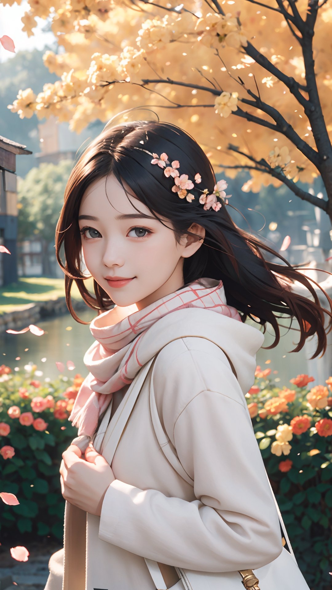 (best quality, masterpiece:1.2),ultra detailed,(photo realistic:1.4), Autumn style, solo, lovely and cute little girl, big eyes so chaiming, smile and happy, lace long sleeves and pink coat, and wearing yellow scarf, She walking on the beautiful village bank near the river, the flowers petals falling, lighting soft and romantic , flowers blooming, flowers petals falling, so romantic, beautiful village, flowers blooming fantastic amazing tale on the village bank, and blurry_light_background, perfect beautiful portrait photography realistic high quality , flowers blooming, fantastic and dreamy and beautiful images 