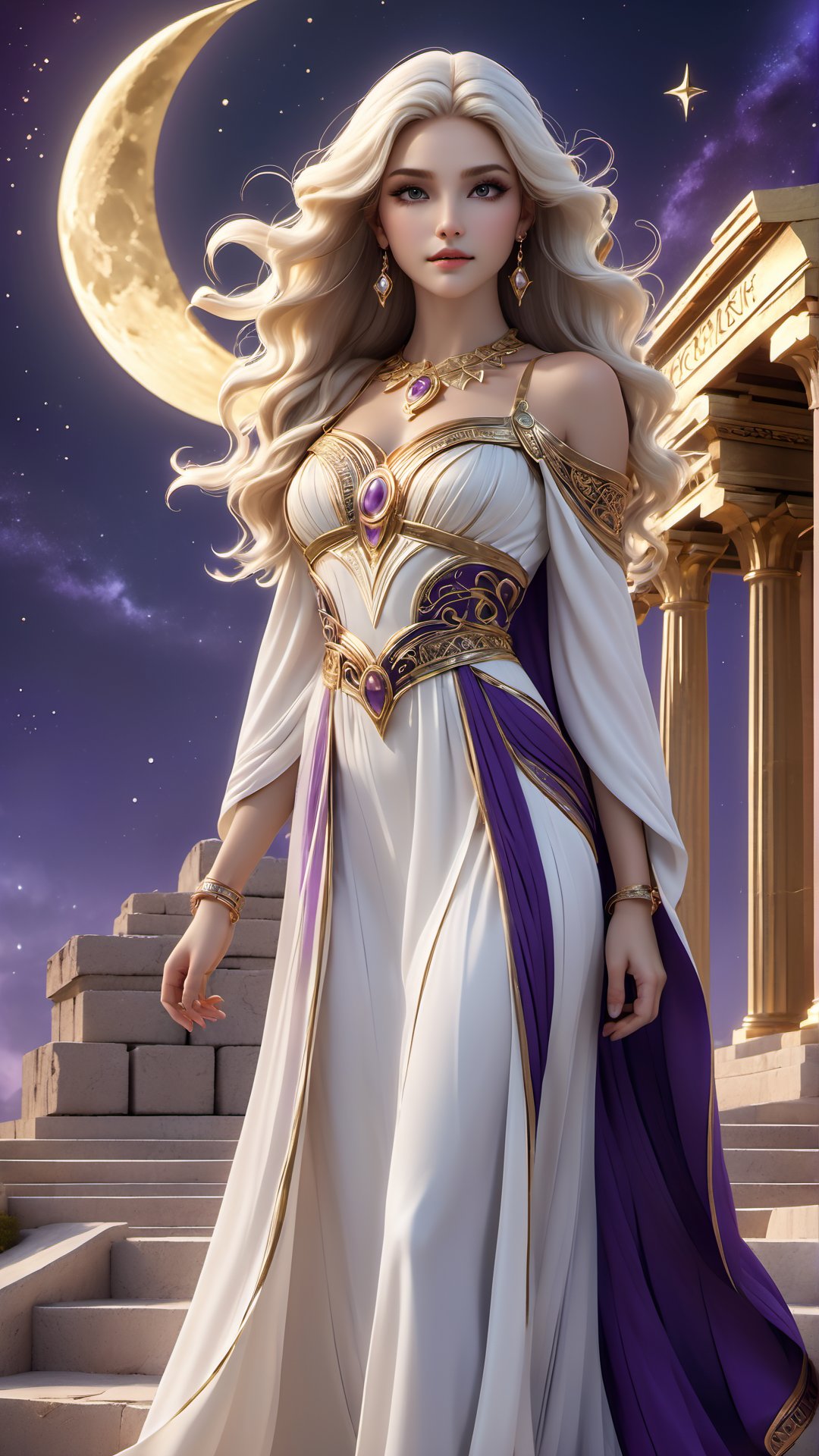 Design a female character, fair skin, white hair, long wavy hair, Tiara with a crescent moon in the center, golden tiara,purple eyes,Hourglass shaped body, long dress,Beautiful ancient Greek dress, Vaporous dress, waving in the wind,strappy heeled sandals, bracelets with intricate details Gold colored bracelets, choker with intricate details, choker in gold color, has a bright white aura,Ancient Greek temple, midnight, multiple stars in the sky,Crescent moon,FULL BODY, HIGTH DETAILED 8K, FULL UHD, 3d render, typography, cinematic, illustration, fashion, architecture, dark fantasy