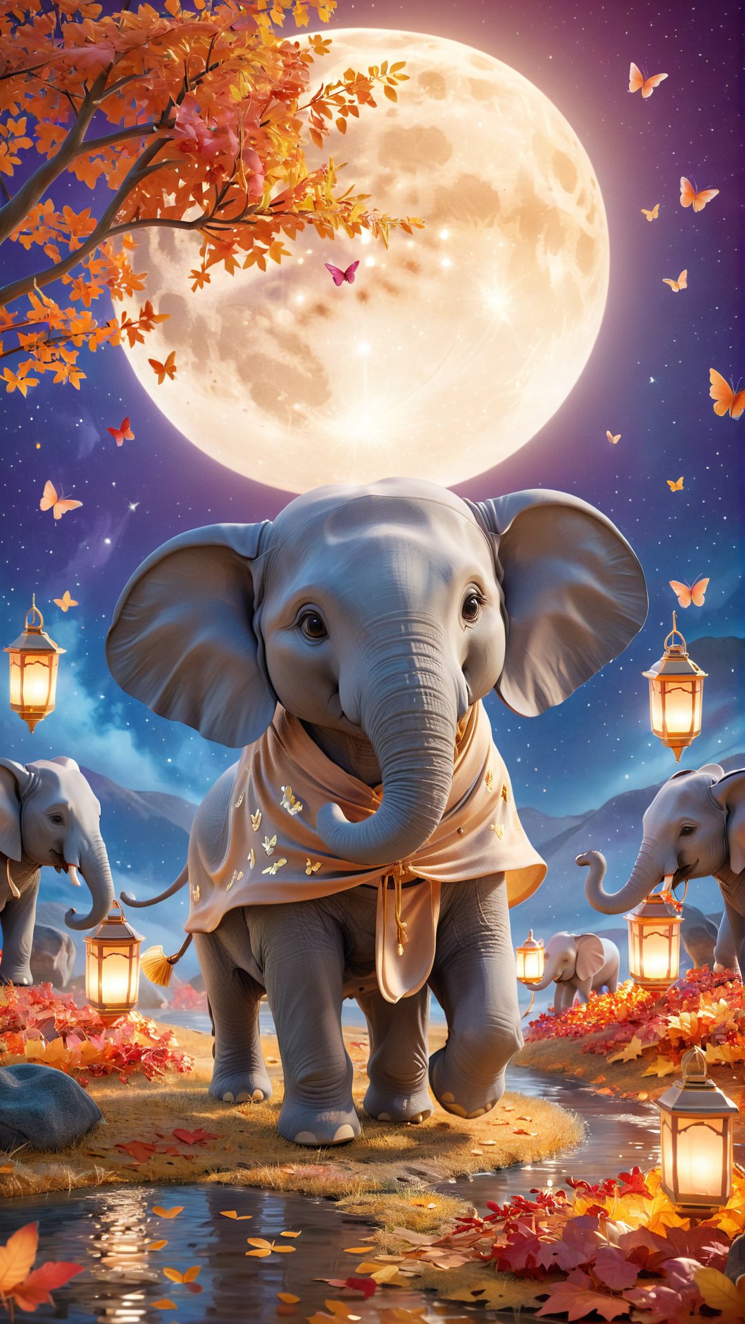 A mesmerizing 3D render and painting illustration of a majestic elephant gracefully walking under the glow of a full moon. The elephant's skin shimmers gently, and it tenderly carries two small children on its back. The kids are wrapped in warm, hooded cloaks and hold lanterns that bathe the scene in a soft, inviting light. Surrounding the elephant are vibrant autumn leaves that create a serene, magical atmosphere. Delicate butterflies flutter around, adding to the enchanting ambiance., painting, 3d render, illustration