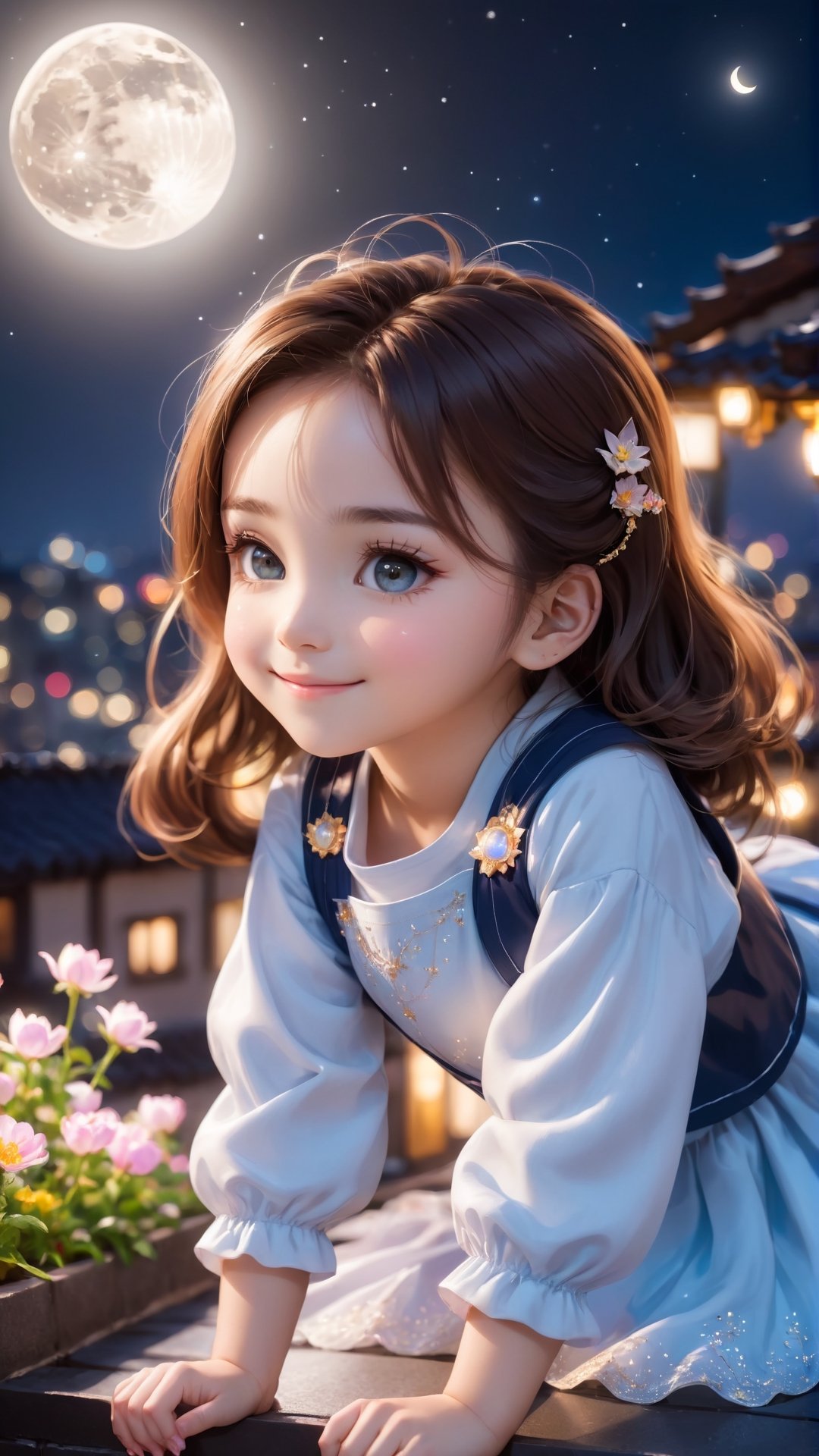 https://s.mj.run/ScKtPHY5ybo Side view shot, full body, Night style, moon, a cute little girl clear details and charming eyes lying on the roof looking forward city lighting, smiling happily and enjoy the best moment, depth of field, flowers blooming fantastic romantic bokeh background ,portraitart,xxmix_girl,Anime 