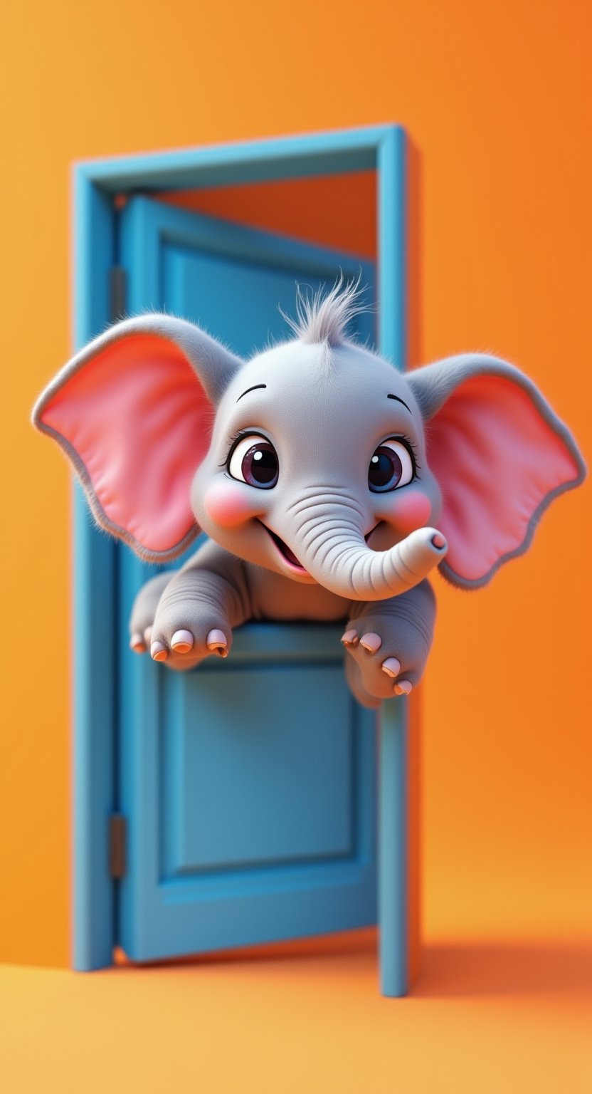 An adorable anthropomorphic pink elephant pokes its head out from behind a vibrant blue door, its big eyes full of curiosity and joy. The elephant has soft, fluffy gray fur, a pink nose and inner ears, and its cute, playful smile makes the character feel lively and friendly. The background is a smooth, solid orange color that enhances the contrast of the elephant with the background. Render in a detailed cartoonish style with smooth, soft textures, bright lighting, and a warm color palette that accentuates a fun and friendly atmosphere. High quality 8K images, focus on charm and expressiveness, 3D rendering, C4D 