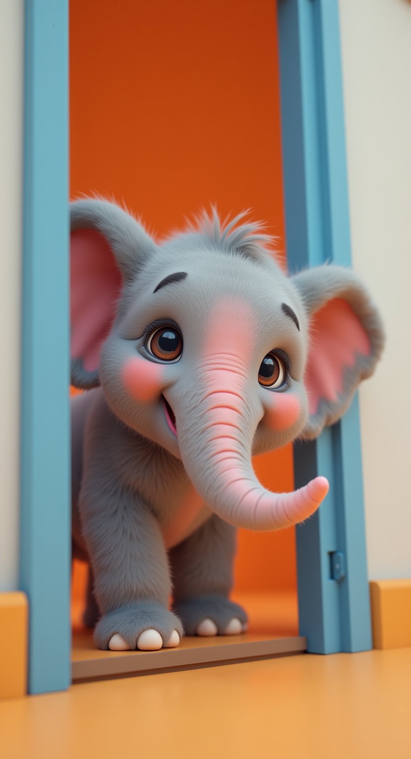 An adorable anthropomorphic pink elephant pokes its head out from behind a vibrant blue door, its big eyes full of curiosity and joy. The elephant has soft, fluffy gray fur, a pink nose and inner ears, and its cute, playful smile makes the character feel lively and friendly. The background is a smooth, solid orange color that enhances the contrast of the elephant with the background. Render in a detailed cartoonish style with smooth, soft textures, bright lighting, and a warm color palette that accentuates a fun and friendly atmosphere. High quality 8K images, focus on charm and expressiveness, 3D rendering, C4D 