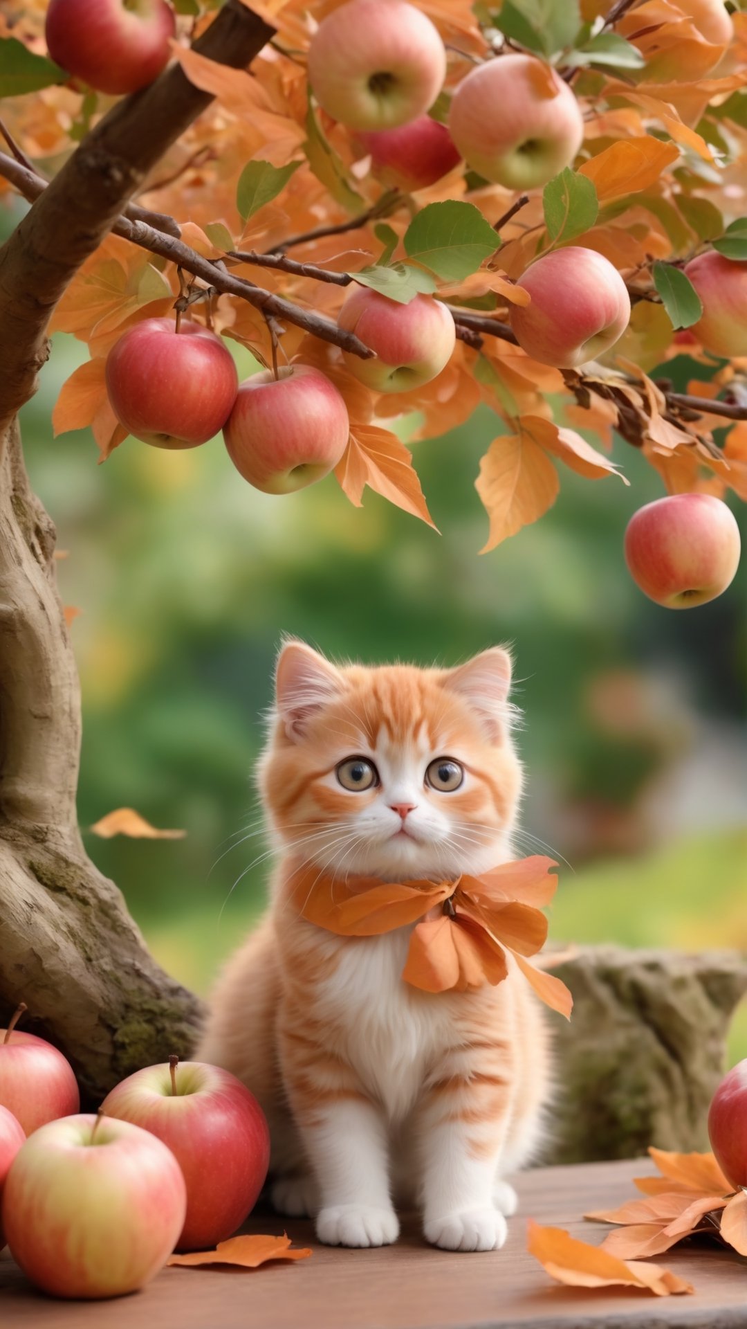  Autumn style, realistic high quality orange tree, apples full the branch, maple leaves falling, Side view shot, Turn around and look ahead, A beautiful big eyes and adorable little girl with two cute little fluffy fat fat kittens walking on the apples tree branch from the treeand street, smiled happily,big eyes so cute and beautiful, under the tree have a table, and apples and beautiful flowers, maple leaves falling, orange near flowers, Turn around and look viewers , pink flowers blooming fantastic amazing and romantic lighting bokeh, pink flowers blooming realistic and green plants amazing tale and lighting as background, Xxmix_Catecat