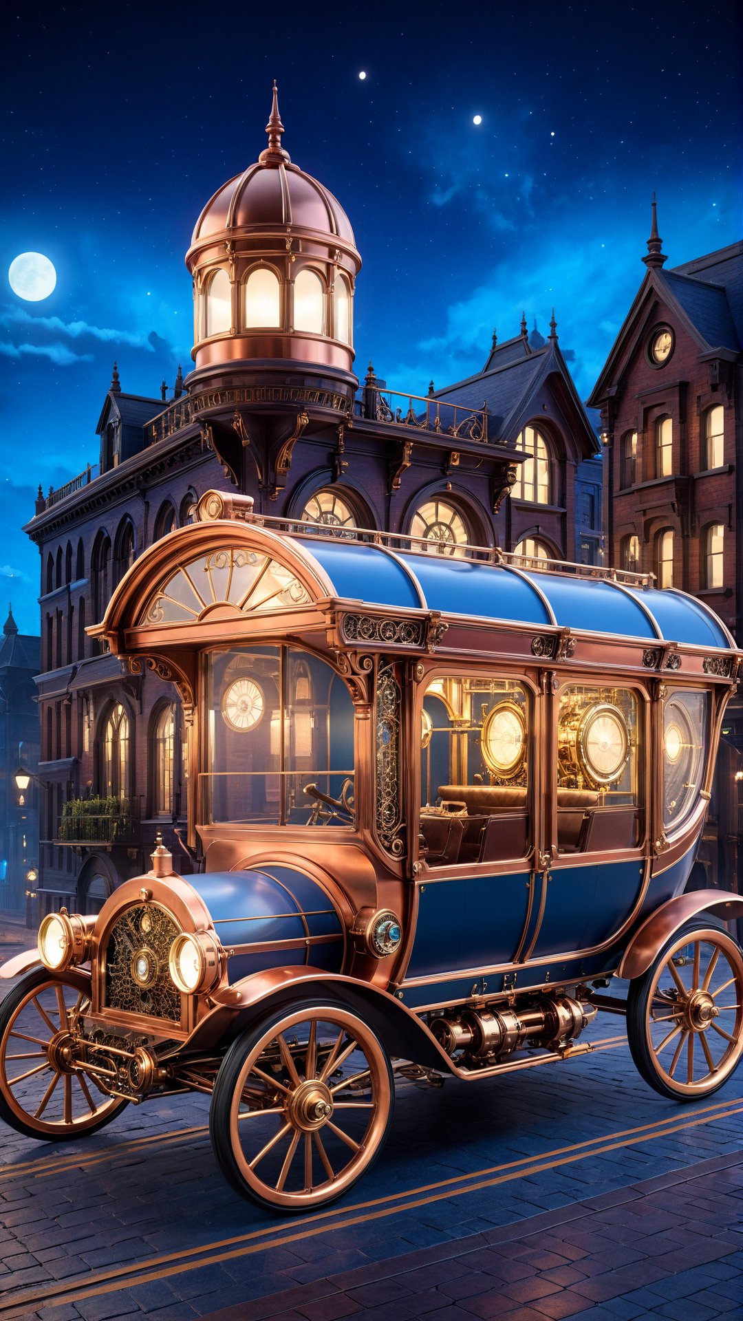 Create a high-resolution digital image of a steampunk vehicle in a Victorian-era city at night. The vehicle should combine elements of a Victorian carriage and a vintage automobile, with intricate brass and copper details. The scene should be illuminated by warm streetlights and building windows, with cool blue and dark tones in the background. Ensure the vehicle is sharply detailed, with the background buildings softly blurred for depth