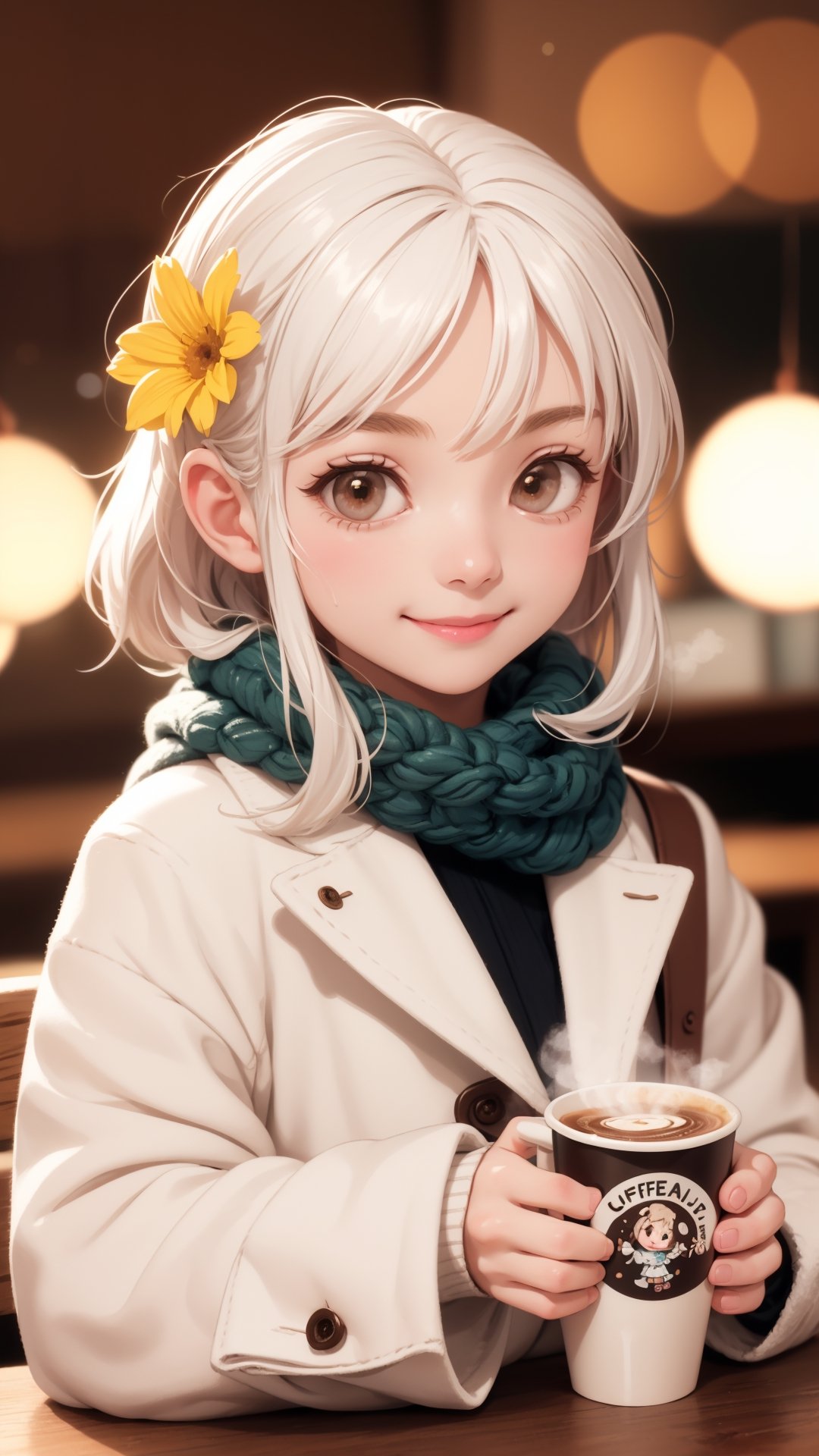 The cute world of wool felt,  a cute little girl wearing colorful and white fluffy coat and scarf is drinking hot coffee in a coffee shop,  very beautiful,  enjoying the coffee,  smiling slightly,  realistic super details,  soft focus,  chibi,  tilt-shift,  super lighting,  volume,  Jon Klassen,  focus,  80mm lens,  wide aperture,  light colors,  flower bloom and lights bokeh background,  8k HD,