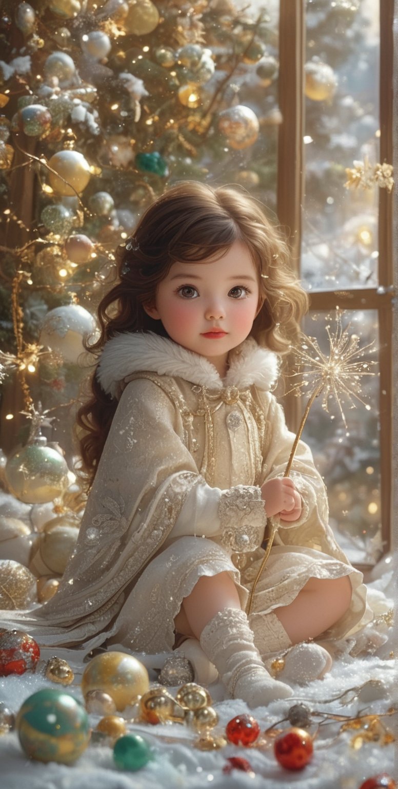 Pixar anime movie scene style, realistic high quality portrait photography, A hyperrealistic photo of an 8-year-old girl with dark chestnut wavy hair and brown eyes. She has a slight smile and is looking directly at the camera. She is sitting by a large window, decorated for Christmas, with snow gently falling outside. The girl wears an ivory dress embroidered with silver snowflakes and a light fur cape on her shoulders. She holds a sparkling wand with a star at the end, surrounded by shimmering gifts and colorful ornaments. The background features soft glowing Christmas lights, creating a cozy and magical atmosphere.