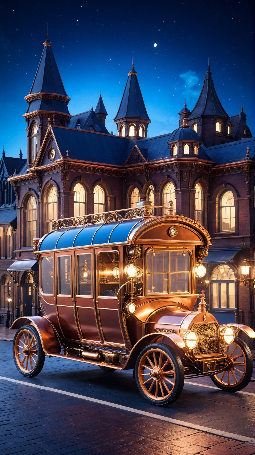 Create a high-resolution digital image of a steampunk vehicle in a Victorian-era city at night. The vehicle should combine elements of a Victorian carriage and a vintage automobile, with intricate brass and copper details. The scene should be illuminated by warm streetlights and building windows, with cool blue and dark tones in the background. Ensure the vehicle is sharply detailed, with the background buildings softly blurred for depth