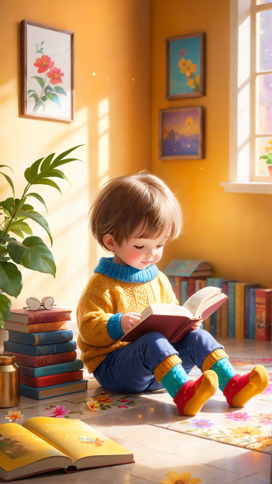 Flowers bloom bokeh background, flowers blooming, painting on the wall, books room, A heartwarming image of a young child sitting on the floor, completely engrossed in a book. The child is wearing a cozy sweater with a pair of colorful socks dangling off their feet. The book they're reading is an old, leather-bound classic with a worn leather cover and frayed edges. The room is bathed in warm, golden sunlight, creating a serene and inviting atmosphere.