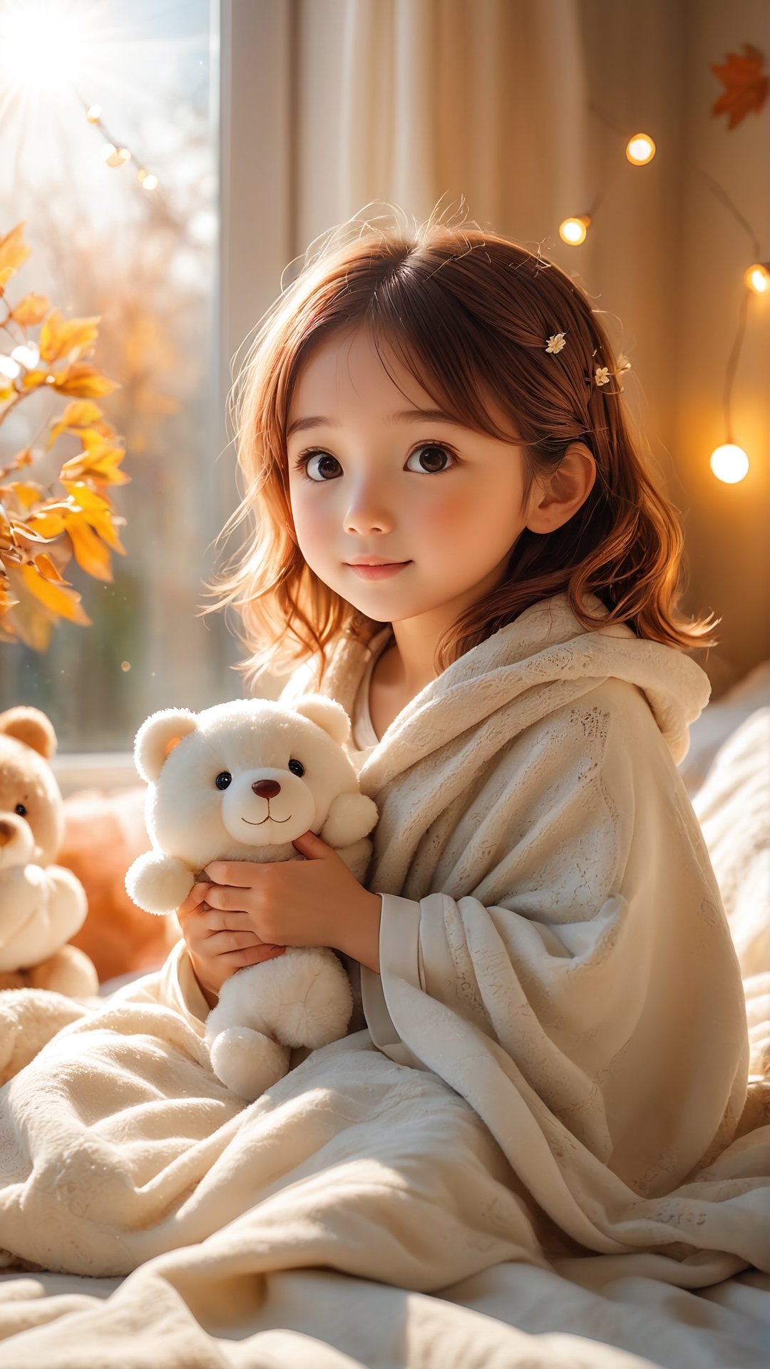 Flowers blooming, Autumn morning style, ((full body)), cute little girl wake up in the beautiful morning comfortably on a bed, covered with a blanket, stuffed animal, string lights on the wall, Sun ray through the window, cozy and comforting atmosphere, morning sunshine, wonder, pixiv, happiness and enjoyment, depth of field, illuminated bokeh background.