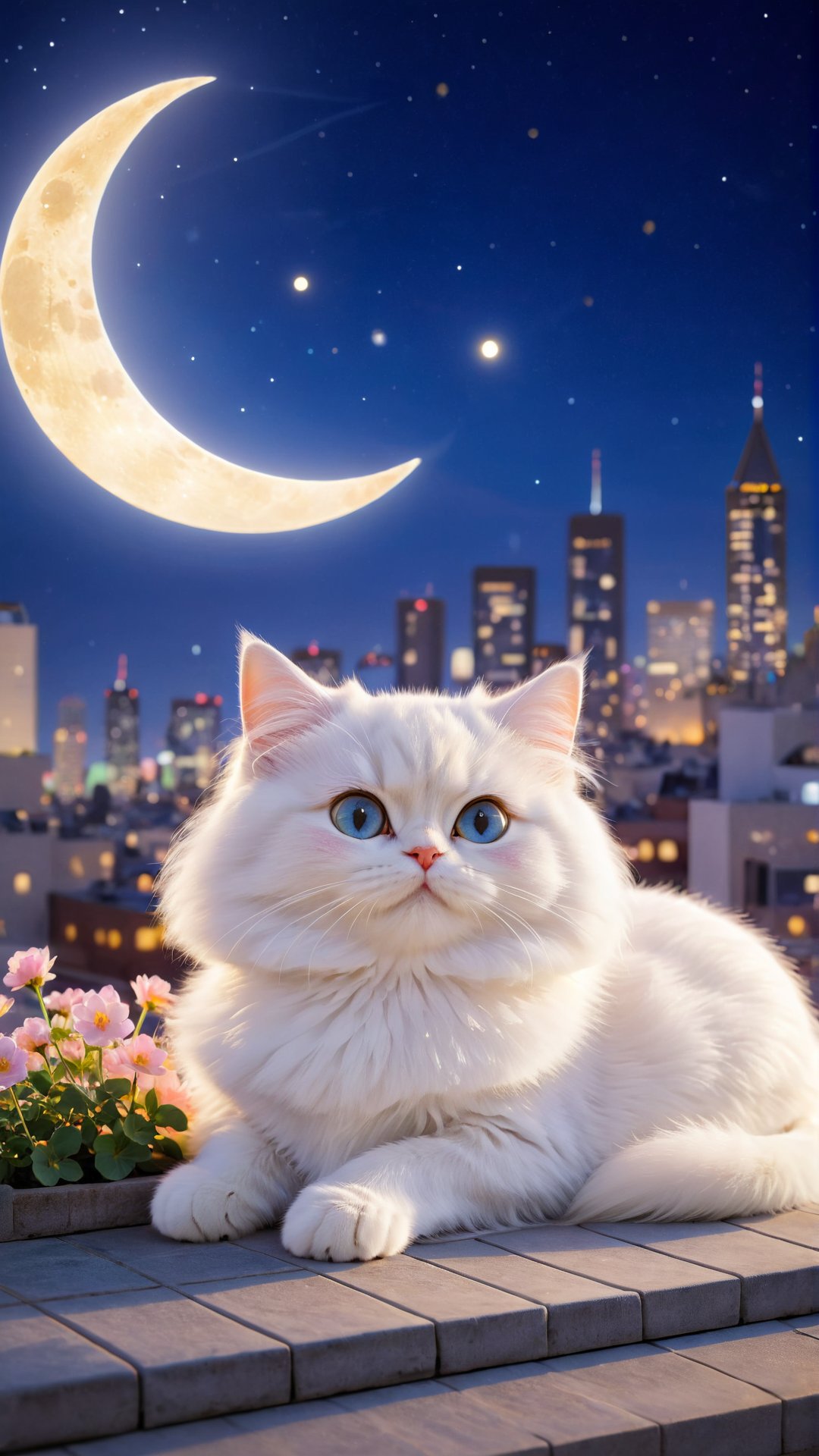 A serene and dreamy of a beautiful eyes so charming adorable little fuzzy long hair persian white cat gazing at the moon while lying on a rooftop. enjoy, In the background the city skyline is beautifully lit, with a crescent moon shining in the night sky. The cat's fur glows slightly, reflecting the soft moonlight. There's a sense of calm smiling. Flowers bloom bokeh background.