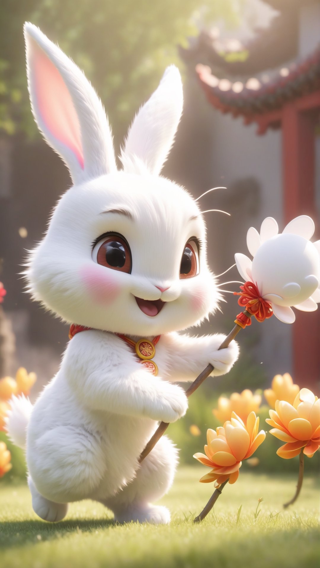 Pixar animated movie style, during the marathon, a cute long-eared white rabbit hands the stick to the cute Chinese dragon baby in the relay, letting it continue running, Chinese Year of the Dragon style, cute and happy picture, flowers blooming, light Depth of field as background,Xxmix_Catecat