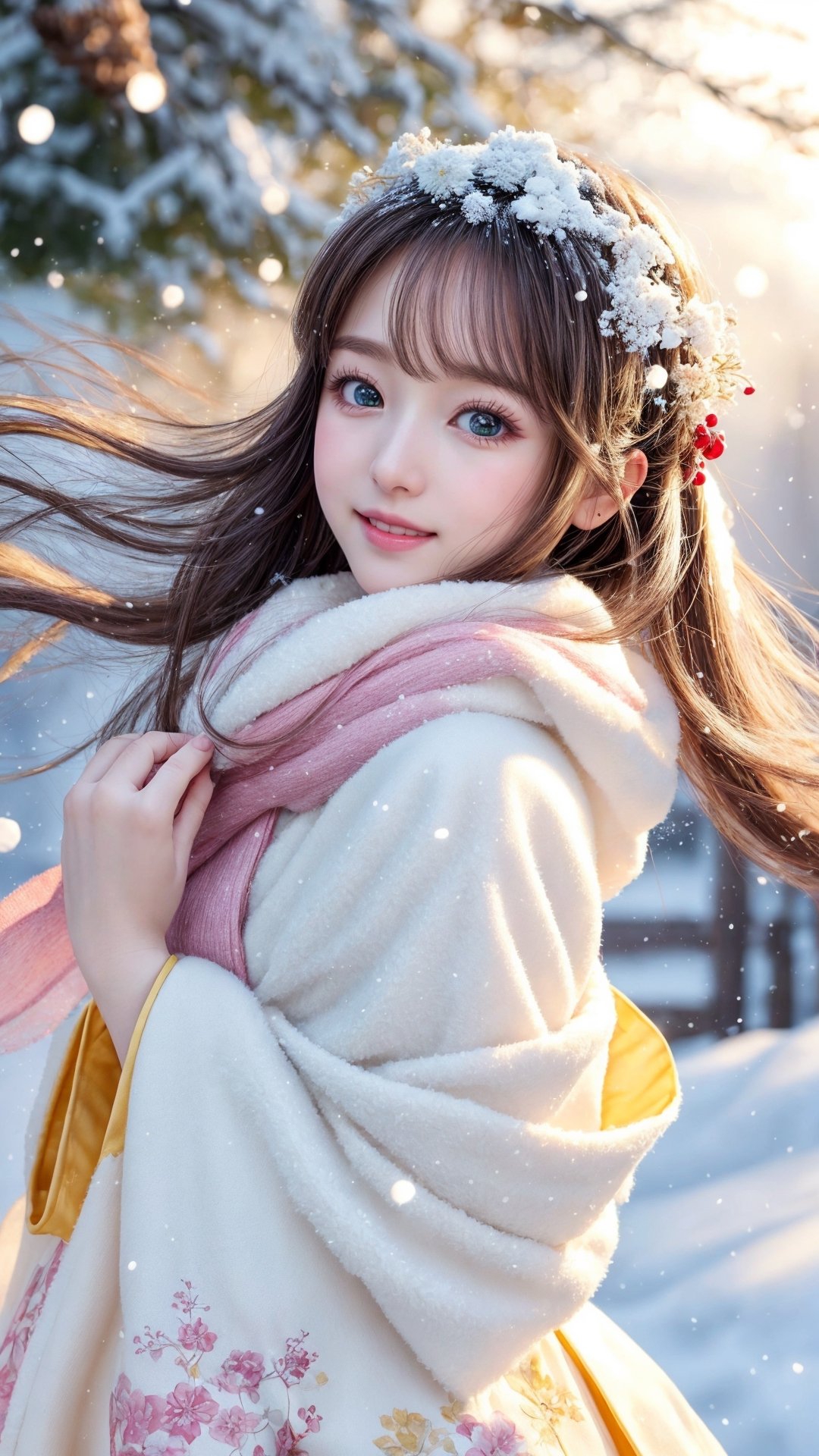 Side view, Winter style, snow falling, realistic high quality, portrait photography, full body, flowers tree, Pixar anime movie scene style, a beautiful big eyes so chaiming and beautiful cute little girl, wearing fluffy pink and white soft silk Hanfu, and fluffy warm coat and scarf, blowing snow flakes, dancing with the snow flakes, smiling happily, transparent bubbles floating around her, so cute and sweet, realistic high quality portrait photography HD 8k, Turning to look at the person looking at her, white and yellow flowers blooming fantastic amazing and romantic lighting bokeh, flowers blooming realistic and green plants amazing tale and lighting as background,