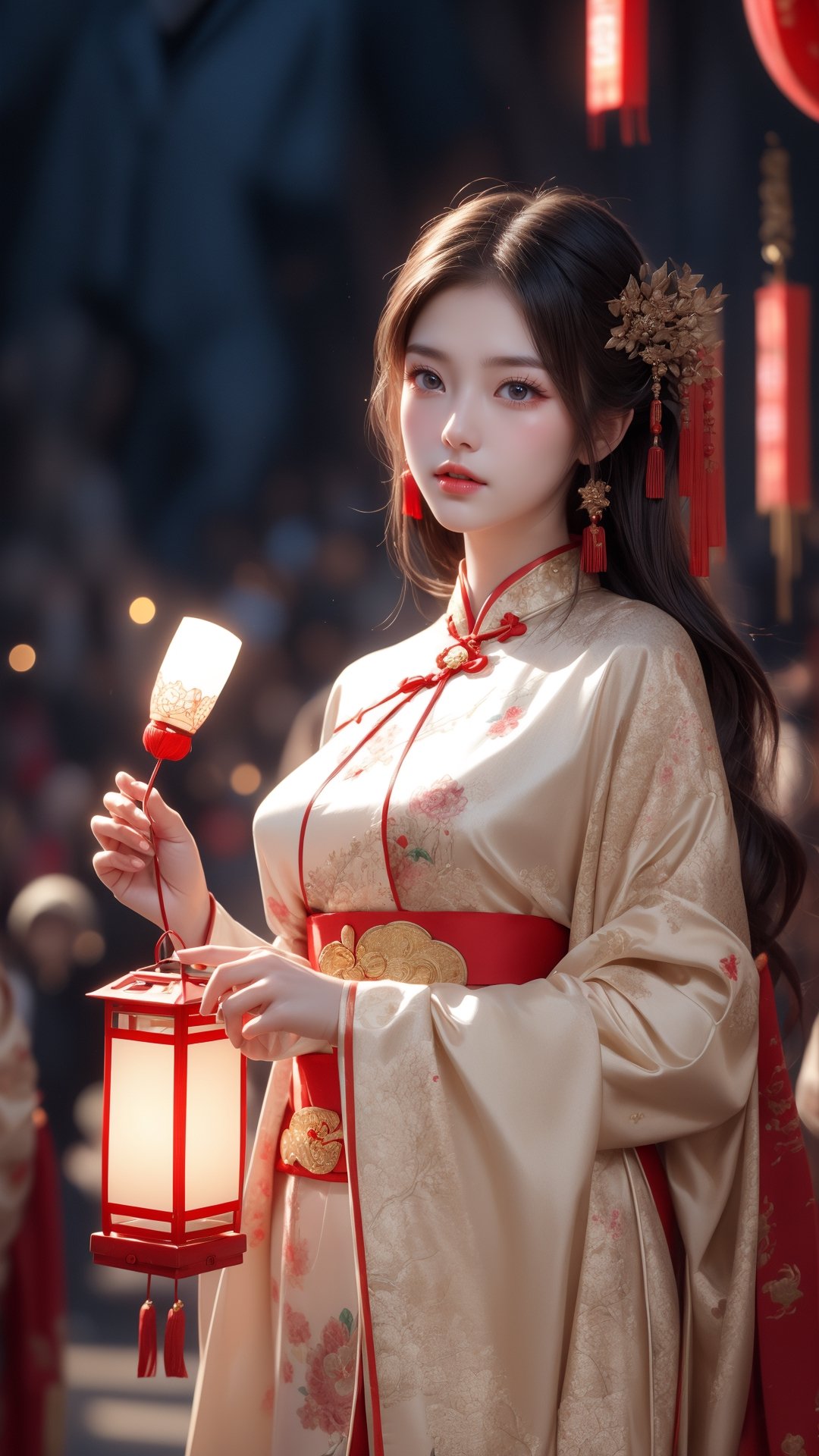 Chinese New Year, ancient beauty in traditional costume, holding a lantern, fireworks, couplets, the camera focuses on the beautiful woman in the center, ultra - high definition, ACGN.