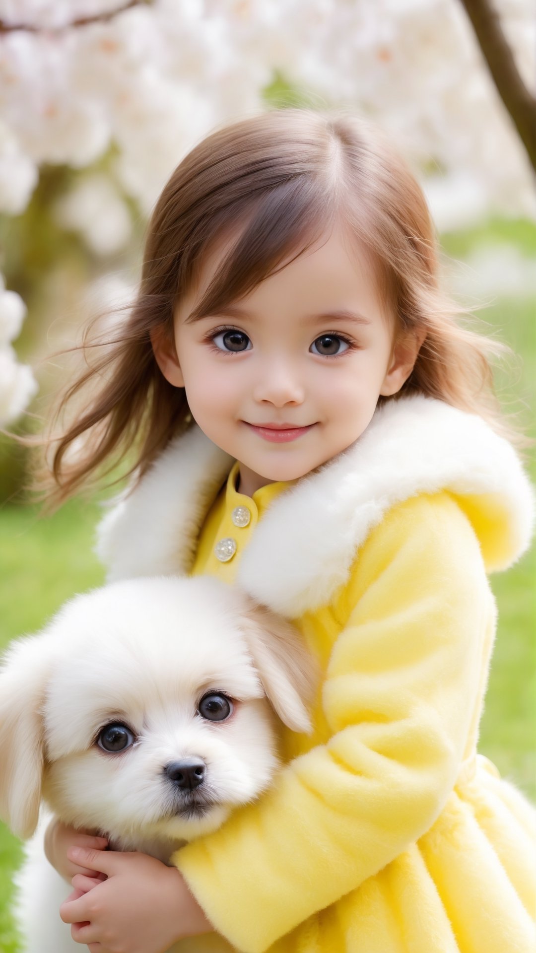Evoke pure joy with a high-detailed scene of a cute, beautiful big eyes so adorable little girl wearing fluffy light yellow and white dress and coat, playing with a fluffy puppy. Capture the innocence and happiness in their interaction, ensuring the image radiates warmth and charm.happiness and enjoy the best moment to smiling, high quality portrait photography, flowers bloom beautiful bokeh background.
,3DMM