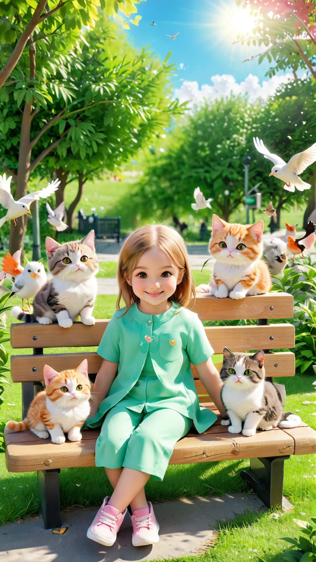 a cute adorable little girl sitting on a park bench, surrounded by her adorable feline companions. Each cat has a unique color and marking, and they're all cuddling up to their owner, who is smiling lovingly at them. The background is a lush green park with a sunny sky and a few birds flying overhead. The overall atmosphere of the image is warm, cozy, and full of love.