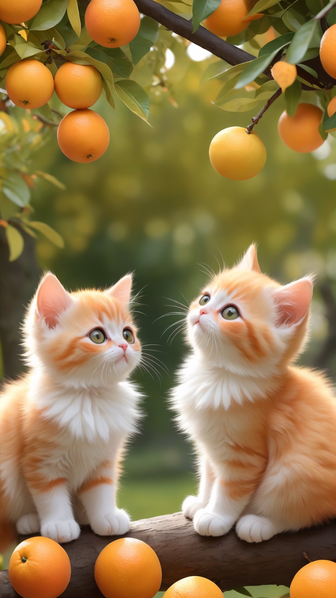 Side view shot, Turn around and look ahead, Two cute little fluffy fat kittens wearing pink coat sit down on the orange tree branch and Picking oranges from the treeand smiled happily, Autumn style, realistic high quality orange tree, oranges full the branch, maple leaves falling, big eyes so cute and beautiful, under the tree have a table, and apples and beautiful flowers, maple leaves falling, orange near flowers, Turn around and look viewers , pink flowers blooming fantastic amazing and romantic lighting bokeh, yellow flowers blooming realistic and green plants amazing tale and lighting as background, Xxmix_Catecat