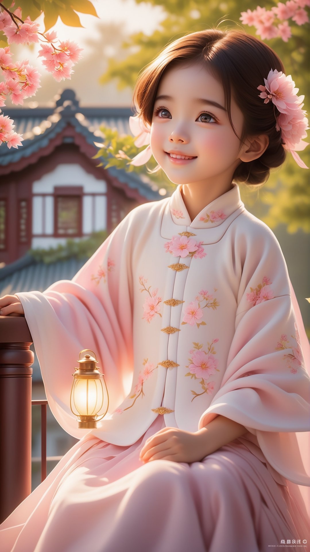 Pixar animated movie scene style, Chinese house style, in the morning light, pink flowers bloom and maple tree bloom, sunray through the leaves, a beautiful and cute little girl with beautiful eyes, sitting on the railing, perfect face, smiling happily, 32k ultra high definition, Pixar movie scene style, realistic high quality Portrait photography, eternal beauty, the lantern behind her emits a soft light, beautiful and dreamy, the flowers are in bloom, and the light bokeh serves as the background.