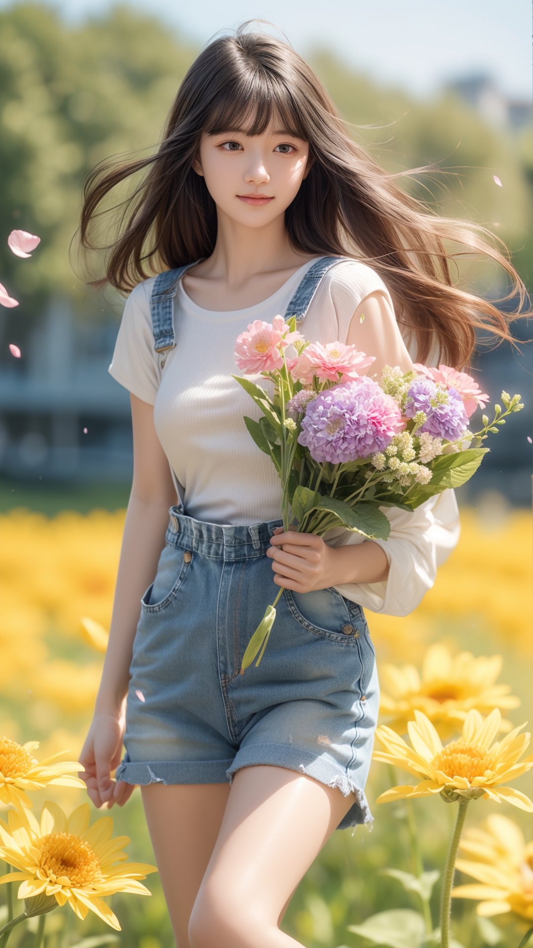 background is flower field,grass field,horizon,wind blowing,petals blowing,16 yo, 1 girl, beautiful girl,smile,
wearing denim overalls skirt,long socks,standing on flower field,holding buquet, cowboy shot,very_long_hair, hair past hip, bangs, curly hair, realhands, masterpiece, Best Quality, 16k, photorealistic, ultra-detailed, finely detailed, high resolution, perfect dynamic composition, beautiful detailed eyes, ((nervous and embarrassed)), sharp-focus, full body shot,pink flower,flower