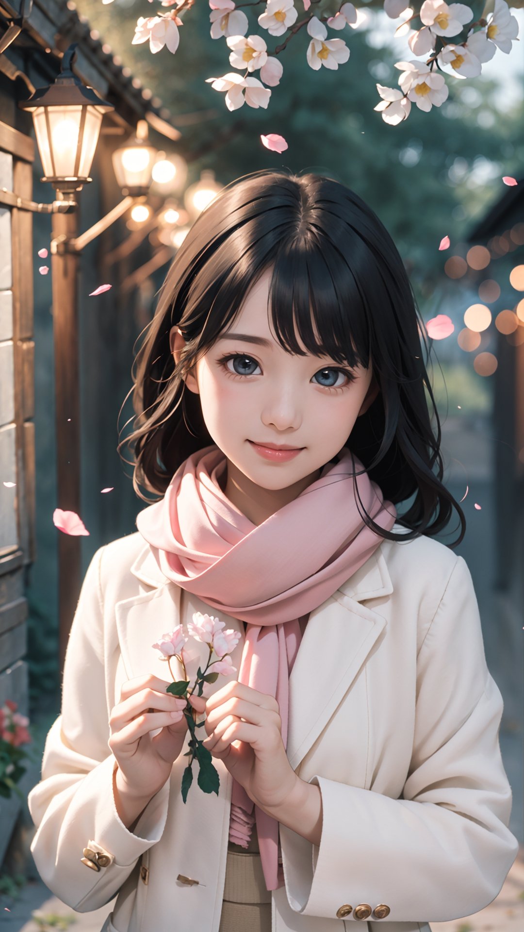 (best quality, masterpiece:1.2),ultra detailed,(photo realistic:1.4), Autumn style, solo, night, lovely and cute little girl, big eyes so chaiming, smile and happy, lace long sleeves and pink coat, and wearing pink scarf, She walking on the beautiful village bank near the river, the flowers petals and maple leaf falling, lamps lighting soft and romantic , flowers blooming, flowers petals falling, so romantic, beautiful village, flowers blooming fantastic amazing tale on the village bank, and blurry_light_background, perfect beautiful portrait photography realistic high quality , flowers blooming, fantastic and dreamy and beautiful images , soft light from the lamps and village house lights 