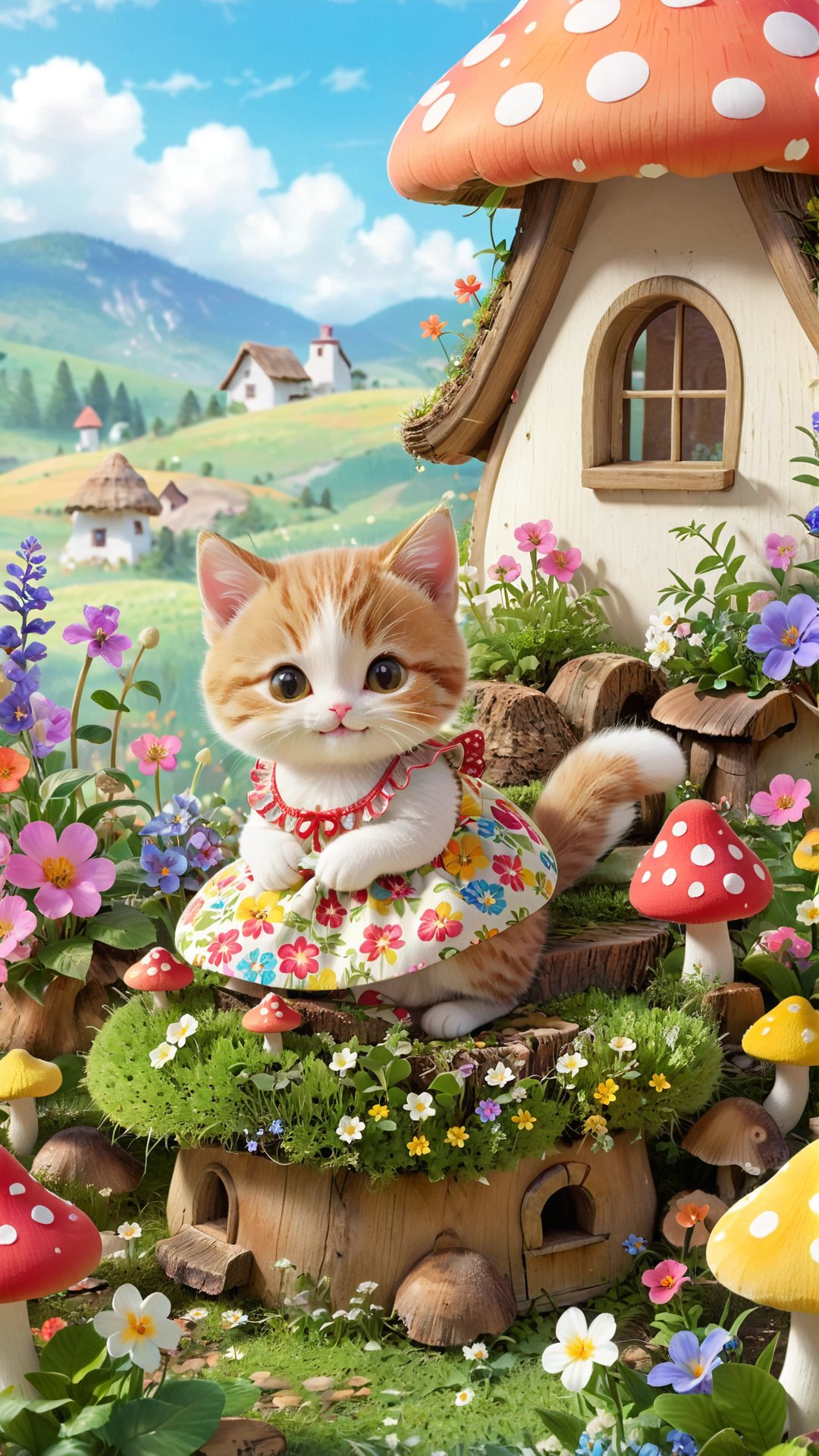 Charming and whimsical rustic centerpiece illustration of an adorable little kitten sitting in a vibrant mushroom garden.  The little cat has a sweet smile and wears an exquisite floral dress.  Surrounding the kitten is a row of colorful mushrooms, some of which have cute faces.  The background depicts a quaint cottage with a thatched roof and blooming flowers, creating a peaceful, idyllic country atmosphere.