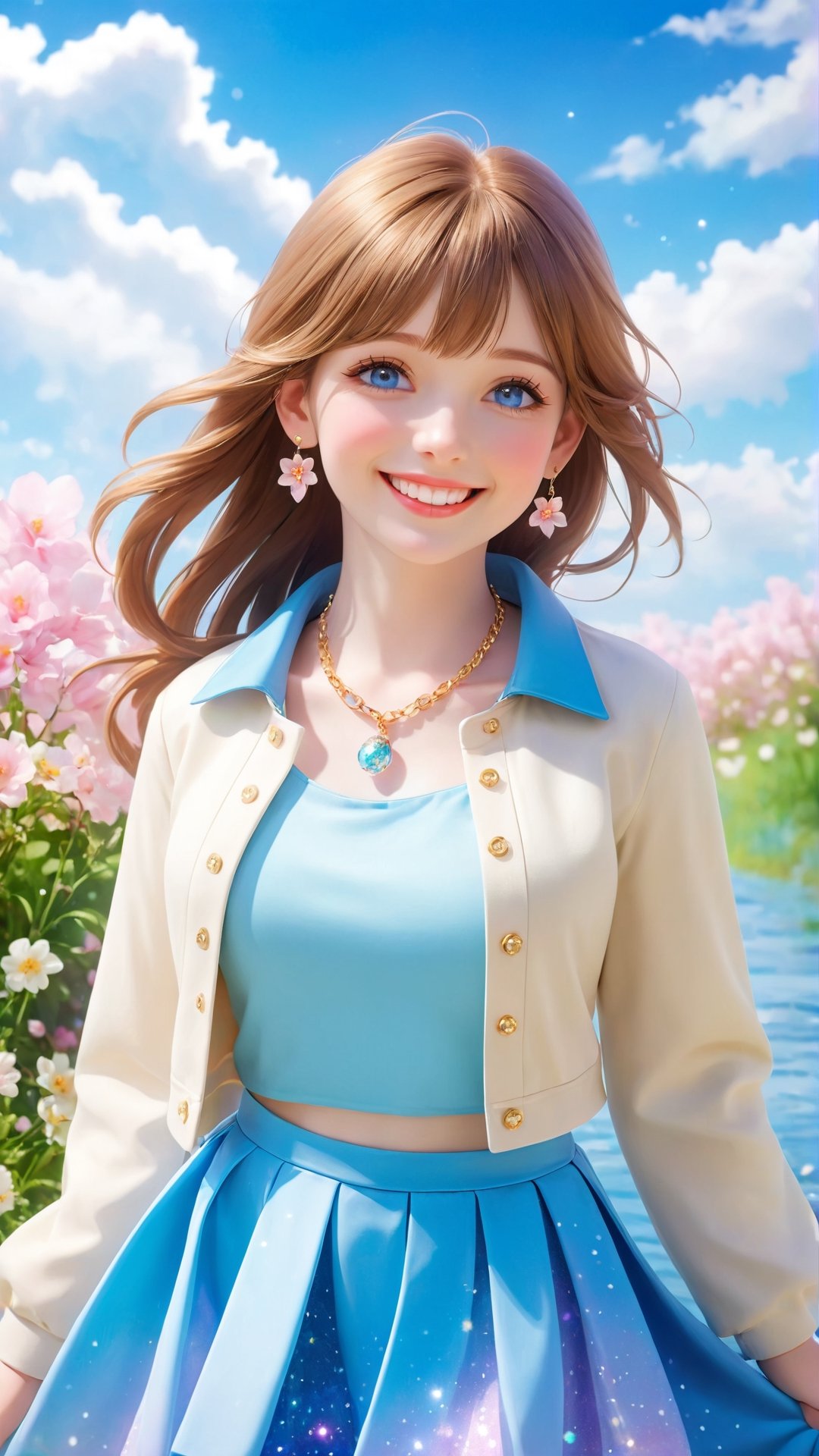 Spring flowers blooming fantastic amazing photos and portrait photography realistic high quality, blue sky and white clouds, beautiful flowers and water river around the flowers, Beautiful, soft light, (beautiful and delicate eyes), very detailed, pale skin, big smile, (long hair), dreamy, medium chest, female 1, ((front shot)), bangs, soft expression, height 170, elegant , Bright smile, 8k art photo, photorealistic concept art, realistic, person, small necklace, small earrings, fantasy, jewelry, shyness, dreamy soft image, masterpiece, ultra high resolution, skirt, shirt, jacket, color , (both eyes (winds gently), (raises head slightly and looks immersed in happy thoughts),colorful,glitter