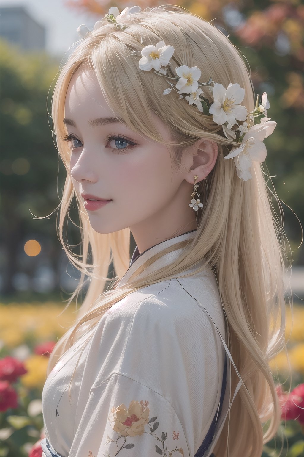 (Masterpiece, Top Quality, Best Quality, Official Art, Autumn, Side view, Turn around and look,blonde girl, Beauty and Aesthetics),, Cute, Smile, adorable, Extremely Detailed, Abstract, Fractal Art, Long Hair, Destiny Series, Colorful, Most Detailed, flwoers blooming, soft lingt bokeh background, Jewelry, Hanfu,, landscape, ink, Portrait photograph. flowers blooming bokeh as background