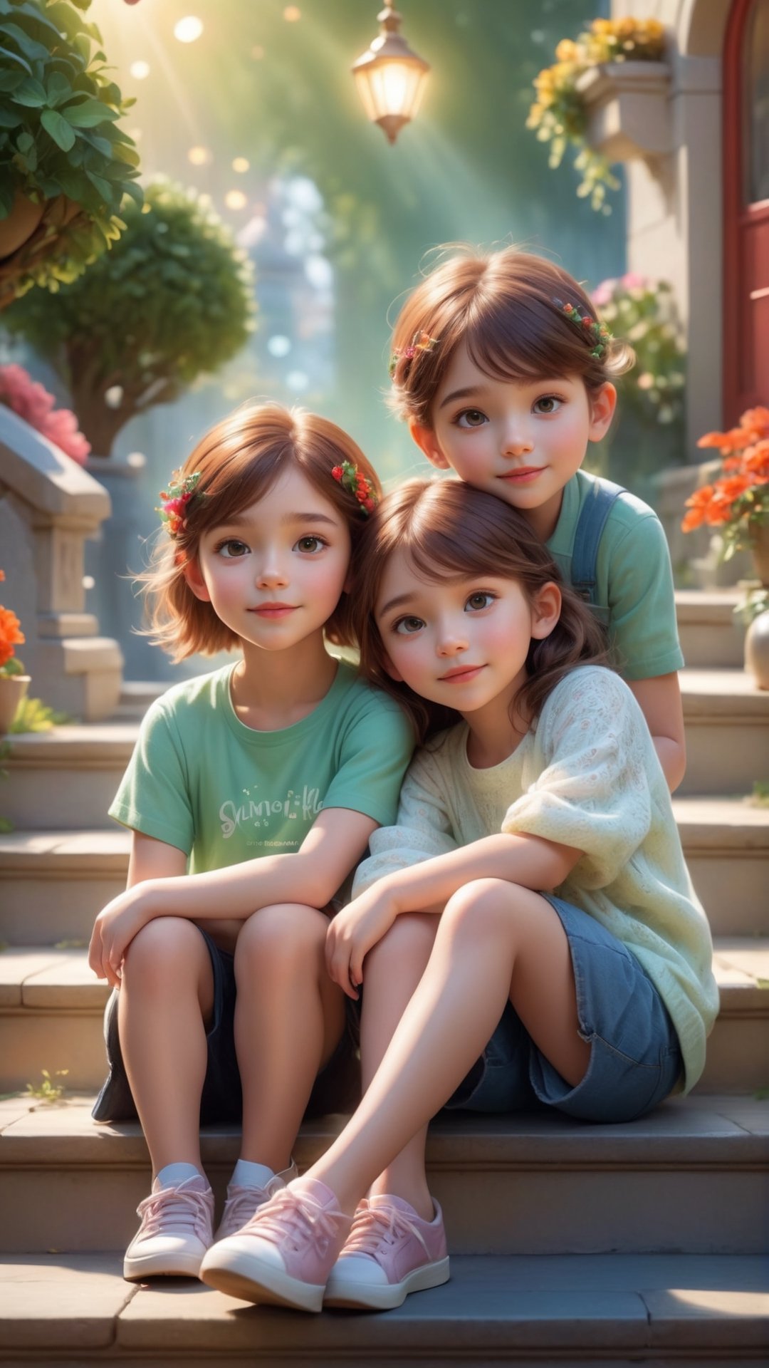 Pixar movie scene style, dreamy fantasy, hyper-realistic, stunning portrait, 1boy, 1girl, two cute children, on the steps in the park, they are friends, sitting on the steps chatting together, happy and happy cute, dreamy , sunshine, blooming flowers and light background blur, dreamy and warm. sunlight, intricate details, 12k, front, cover, unzoom, ultra detailed painting, glow, bar lighting, intricate, 4k resolution concept art portrait by Greg Rutkowski, Artgerm, WLOP, Alphonse Mucha, small fusion pojatti reality, fractal Isometric detail bioluminescence, a stunning realistic photo, wide angle, red, green, white colors