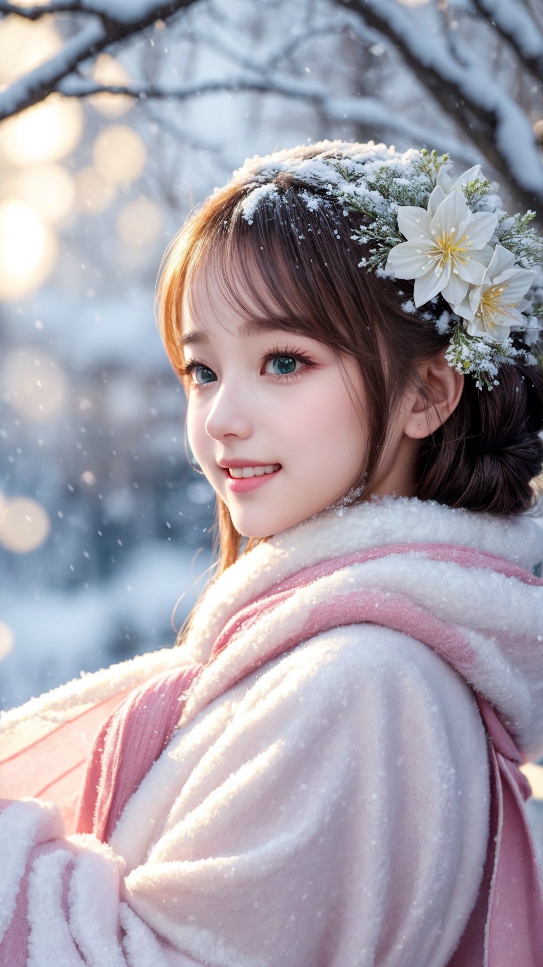 Side view, Winter style, snow falling, realistic high quality, portrait photography, full body, flowers tree, Pixar anime movie scene style, a beautiful big eyes so chaiming and beautiful cute little girl, wearing fluffy pink and white soft silk Hanfu, and fluffy warm coat and scarf, blowing snow flakes, dancing with the snow flakes, smiling happily, transparent bubbles floating around her, so cute and sweet, realistic high quality portrait photography HD 8k, Turning to look at the person looking at her, white and yellow flowers blooming fantastic amazing and romantic lighting bokeh, flowers blooming realistic and green plants amazing tale and lighting as background,