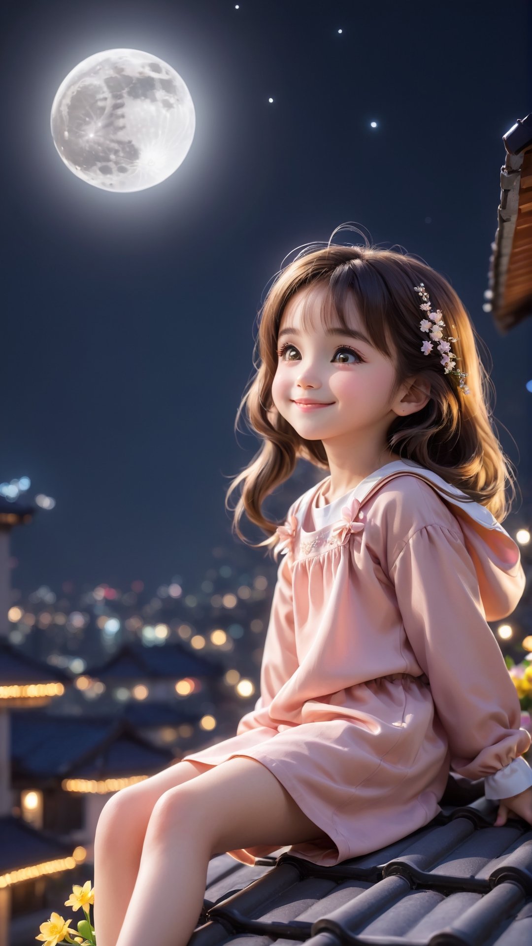 https://s.mj.run/ScKtPHY5ybo Side view shot, full body, Night style, moon, a cute little girl clear details and charming eyes lying on the roof looking forward city lighting, smiling happily and enjoy the best moment, depth of field, flowers blooming fantastic romantic bokeh background ,portraitart,xxmix_girl,Anime 