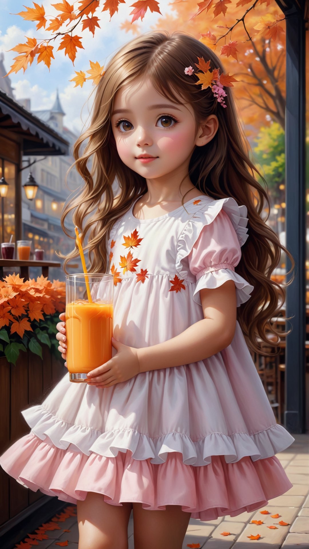 ((masterpiece), (best quality), (highly detailed)), Side view shot, Autumn style, flowers blooming, maple leaves falling, pink flower petals falling too, full body, A cute little girl with long hair wearing orange and white colour Ruffles shirt in the out door café holding drink juice 🥤happy and Lough, is the subject of this beautiful painting. The artist has created a realistic and detailed portrayal of a cute girl, showcasing their expertise in 4K digital art. The painting captures the essence of the little girl's features, bringing them to life with stunning realism. The use of oil adds to the beauty and richness of the portrait, making it a magnificent and visually captivating piece. This realistic and detailed oil painting is truly a work of art. flowers blooming and lighting bokeh as background