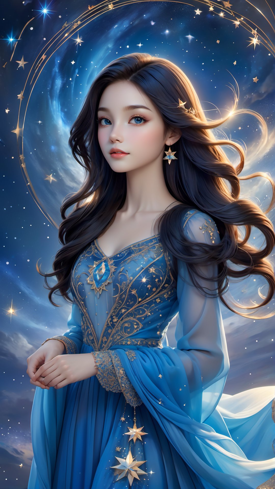 A graceful and enchanting illustration by artist Paola Salome, featuring a young girl adorned in a delicate, intricately-designed dress. The girl has a captivating gaze, and her long, flowing hair is a vibrant shade of blue. A halo of stars surrounds her head, giving the image an ethereal and magical feel. The background is a dreamy, star-filled sky, creating a sense of wonder and enchantment.