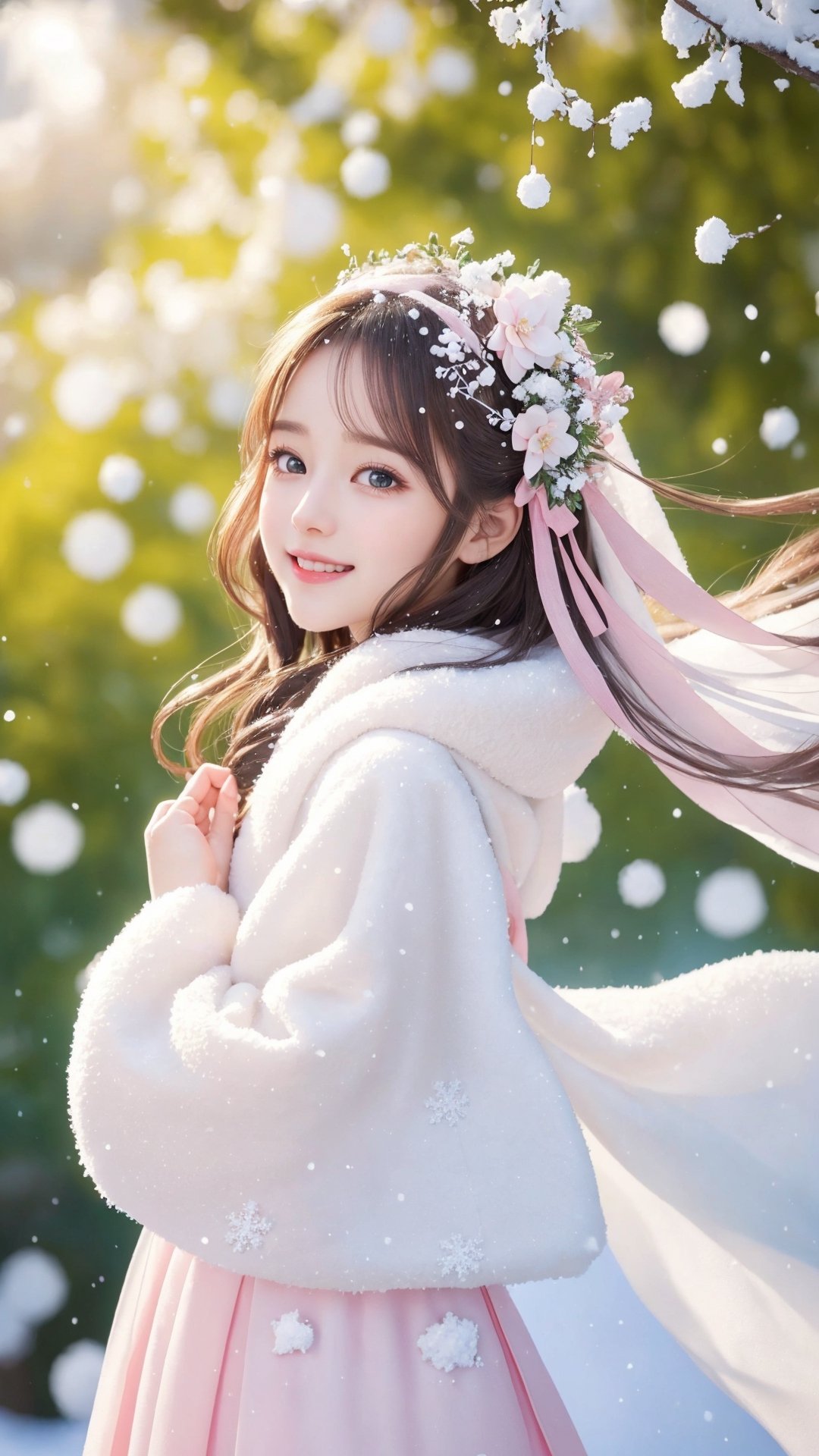 Side view, Winter style, snow falling, realistic high quality, portrait photography, full body, flowers tree, Pixar anime movie scene style, a beautiful big eyes so chaiming and beautiful cute little girl, wearing fluffy pink and white soft silk Hanfu, and fluffy warm coat and scarf, blowing snow flakes, dancing with the snow flakes, smiling happily, transparent bubbles floating around her, so cute and sweet, realistic high quality portrait photography HD 8kTurn around and look viewers, white and yellow flowers blooming fantastic amazing and romantic lighting bokeh, flowers blooming realistic and green plants amazing tale and lighting as background,