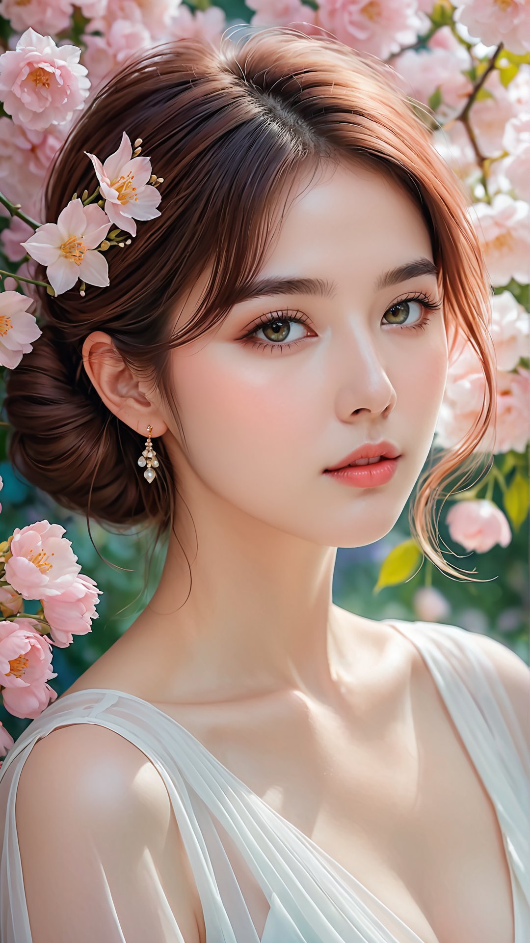 Masterpiece, HD, 8K, A captivating and minimalist illustration of a 20-year-old woman. The upper body, the face is drawn at a 45-degree angle in the center, and delicate touches of pastel accentuate her (high-topped hair color), large eyes, plump cheeks and lips, beautiful white skin and small face with elegant touches. Similar to the touch of Fakhtali Abderrahim, fragile and delicate, the background is a space surrounded by many luminous flowers, and the colorful, magical and mysterious presence is reflected in the expression.