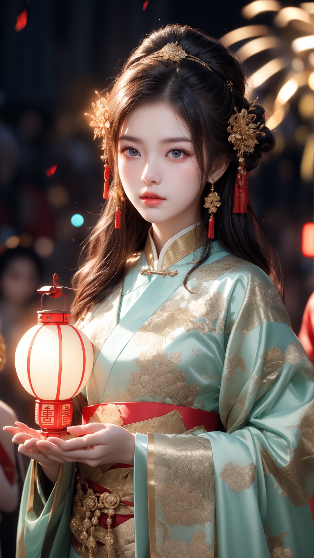 Chinese New Year, ancient beauty in traditional costume, holding a lantern, fireworks, couplets, the camera focuses on the beautiful woman in the center, ultra - high definition, ACGN.