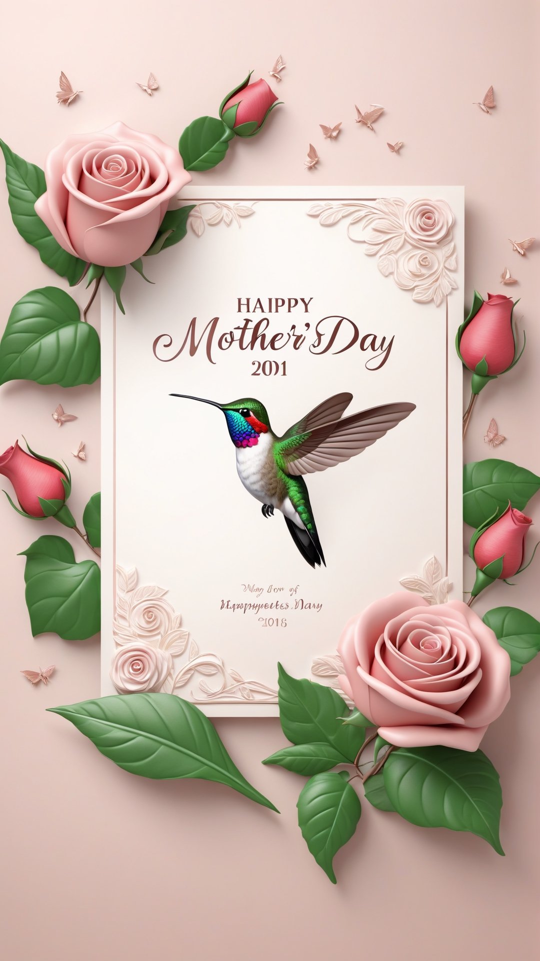 A stunning 3D render of a beautifully designed note, with elegant text that reads "Happy Mother's Day" The note features a delightful hummingbird drawing on a leaf, accompanied by a charming rose. The illustration is intricately detailed, with a sophisticated and cinematic style. The overall aesthetic of the image is both fashionable and artistic, perfect for a poster or photo.