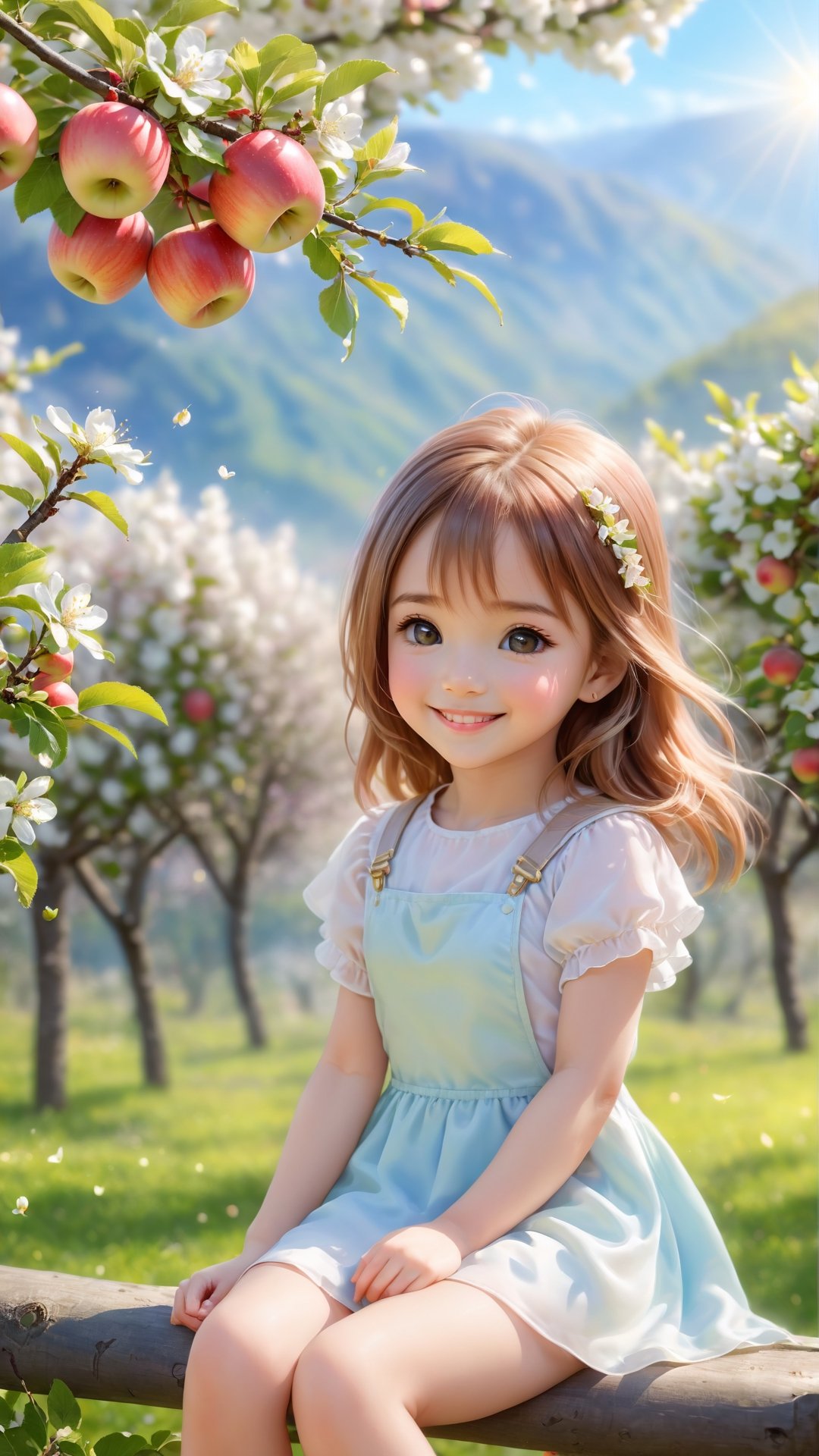 Side view shot, full body, Morning style, sunshine, apple tree, apples full bloom, a cute little girl clear details and charming eyes sitting on the brunch looking forward apples, smile happily and enjoy the best moment, depth of field, flowers blooming fantastic romantic bokeh background ,portraitart,xxmix_girl,Anime 