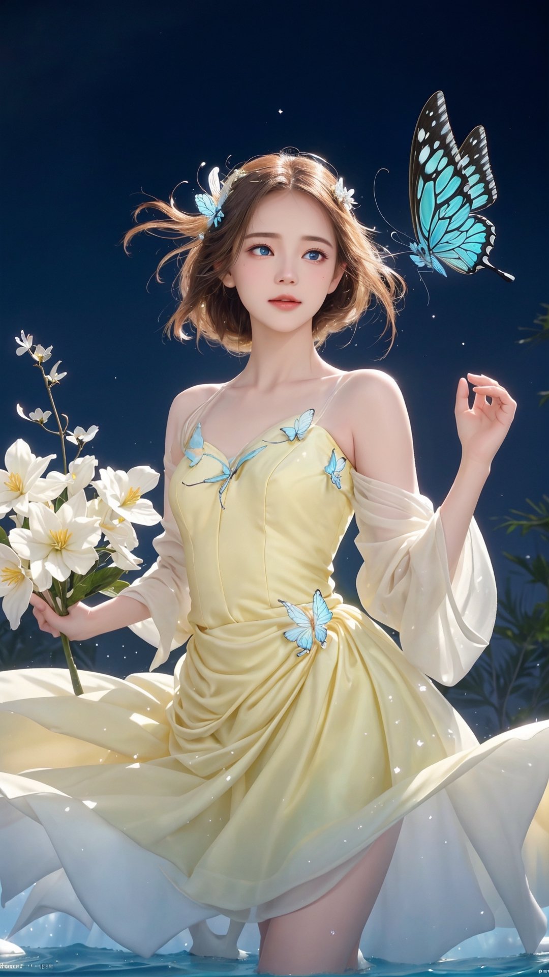 Sunshine lighting as background, clouds sky, Winter style, snowflakes falling, cinema photo, 4k photo, extremely detailed, fairy flying over the water, faint smile, emotional eyes, beauty, flower explosion, anatomical plant, flower forest, grainy, shiny, colorful, colorful , ((realistic skin)), glowing surreal object floating, ((float: 1.4)), photography, rainbow style, soft light, incredible bokeh, wearing yellow and white long dress, deep blue eyes so chaiming and beautiful, looking at viewer, (butterfly is part of her body), closeup, dancing girl, flowers and light bokeh background depth of field