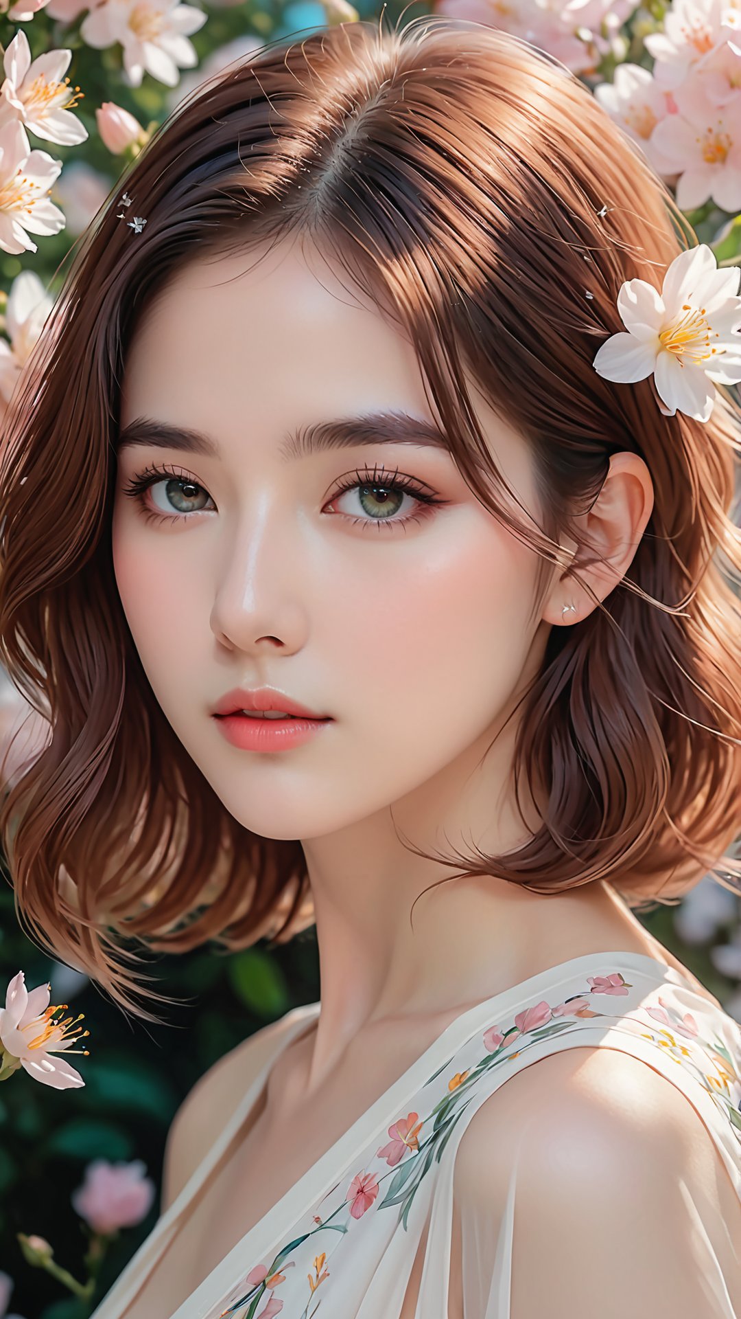 Masterpiece, HD, 8K, A captivating and minimalist illustration of a 20-year-old woman. The upper body, the face is drawn at a 45-degree angle in the center, and delicate touches of pastel accentuate her (high-topped hair color), large eyes, plump cheeks and lips, beautiful white skin and small face with elegant touches. Similar to the touch of Fakhtali Abderrahim, fragile and delicate, the background is a space surrounded by many luminous flowers, and the colorful, magical and mysterious presence is reflected in the expression.